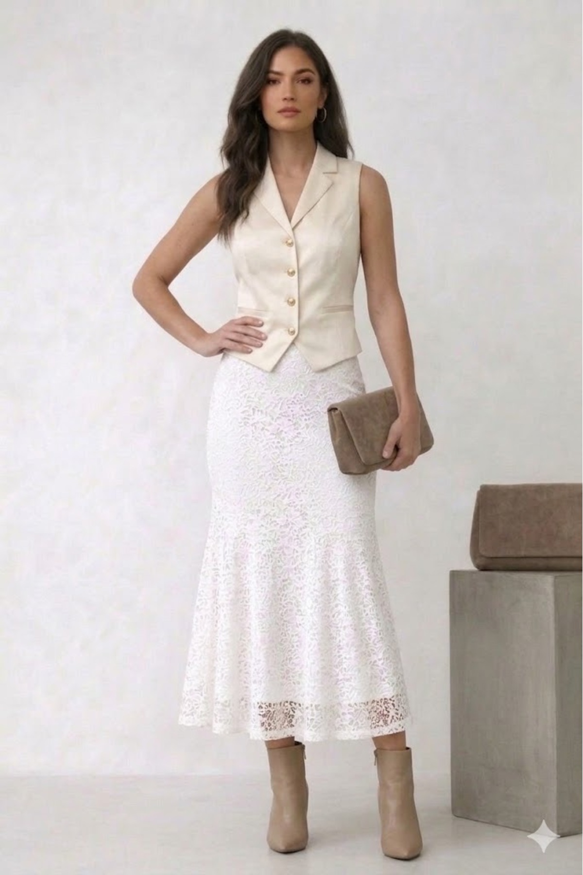 onlymoon  Beyaz Dantel Balık Etek Kadın Midi Boy Şık Tesettür Zarif Kesim Tam Kalıp Günlük Modern Kombin - Görsel 2