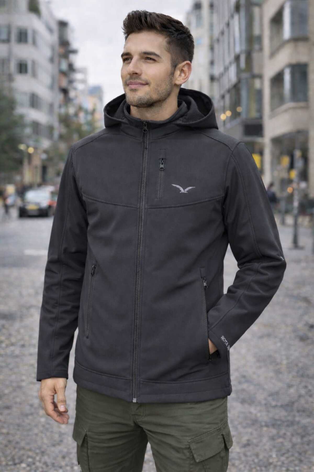 کاپشن مردانه مشکی Softshell مخصوص فضای باز با کلاه جداشونده، ضد آب — نقره‌ای softnv — تصویر 2 از 7
