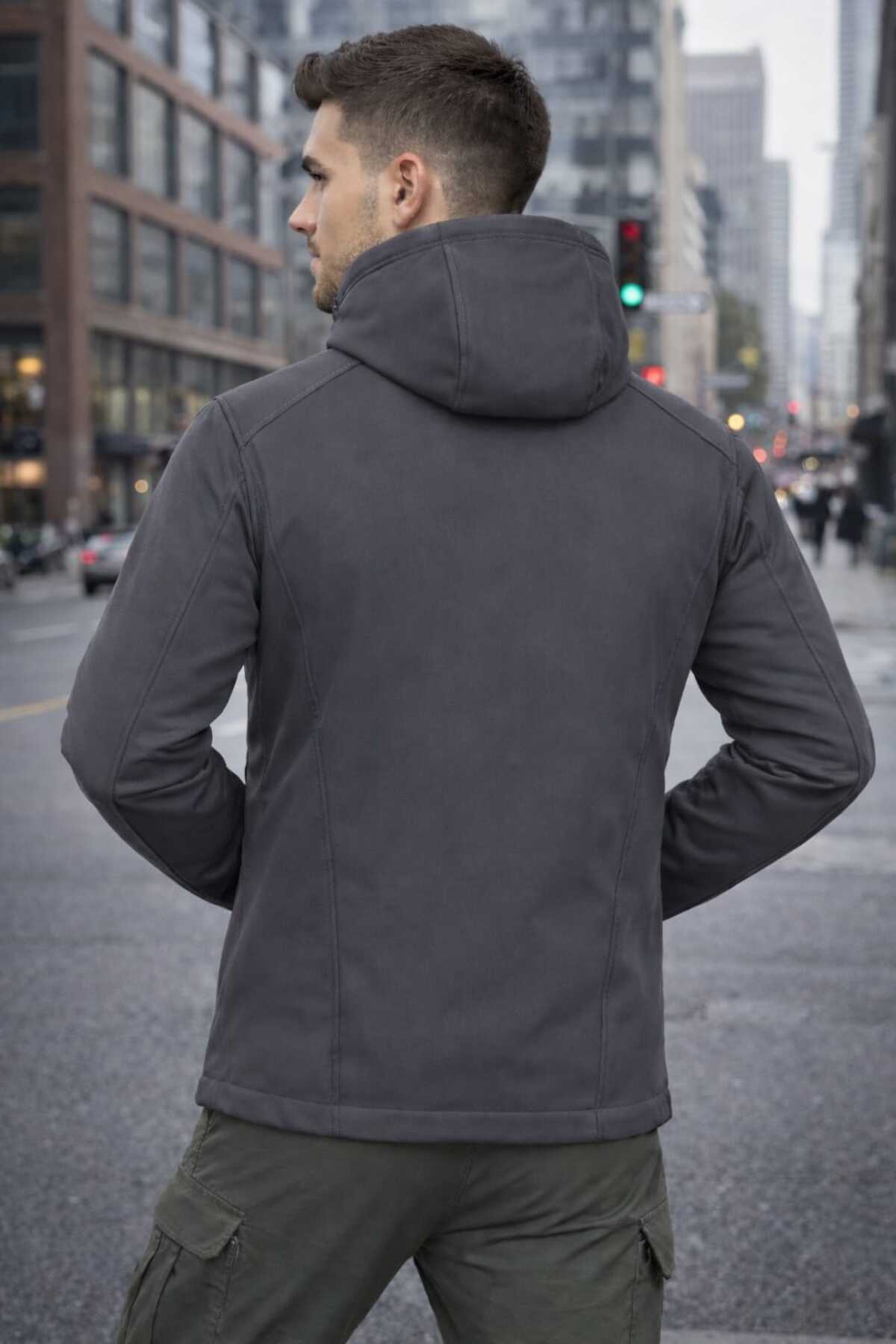 کاپشن مردانه مشکی Softshell مخصوص فضای باز با کلاه جداشونده، ضد آب — نقره‌ای softnv — تصویر 7 از 7