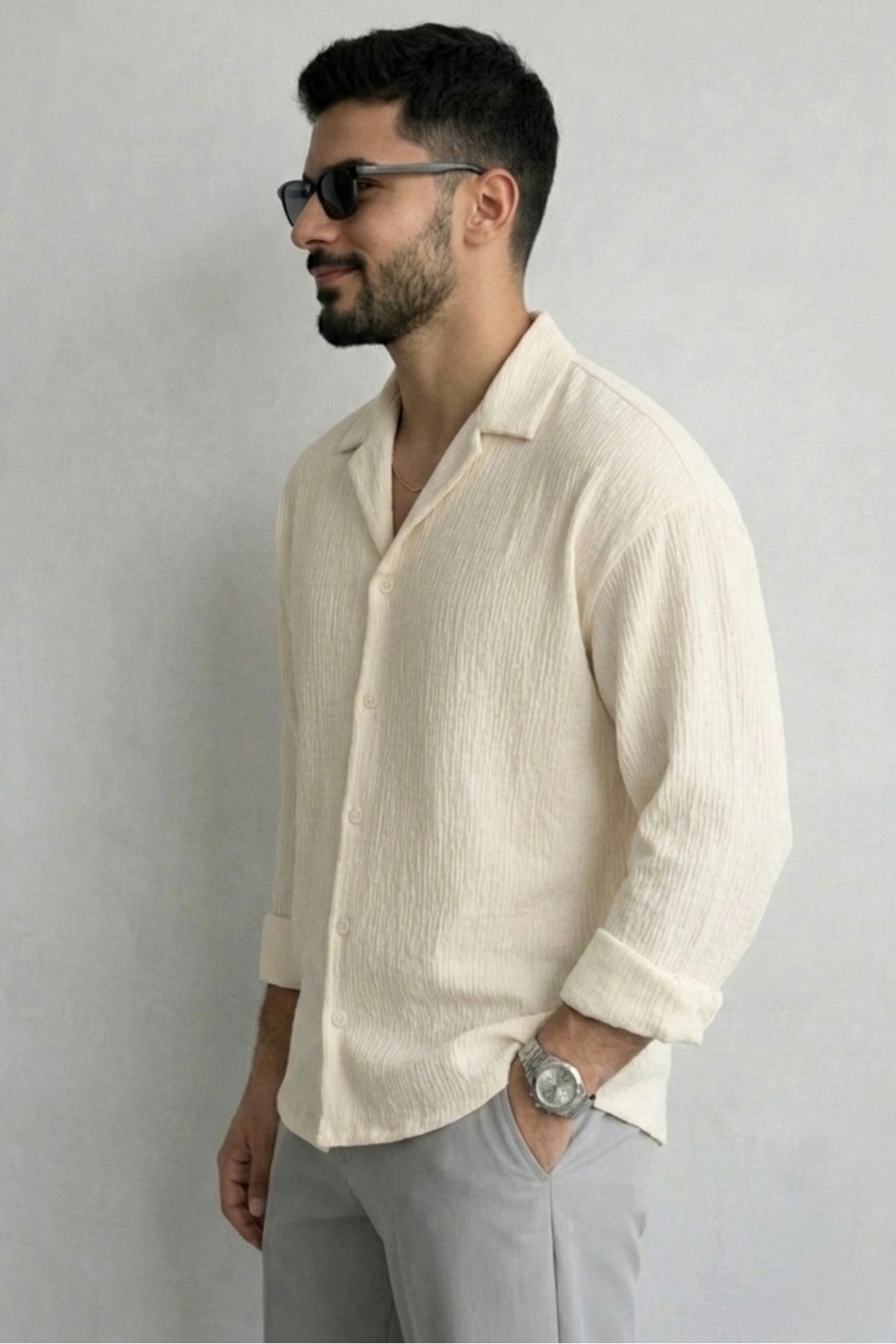bb butik basic Ütü istemez oversize kesim Bürümcük gömlek EKRU görsel 2