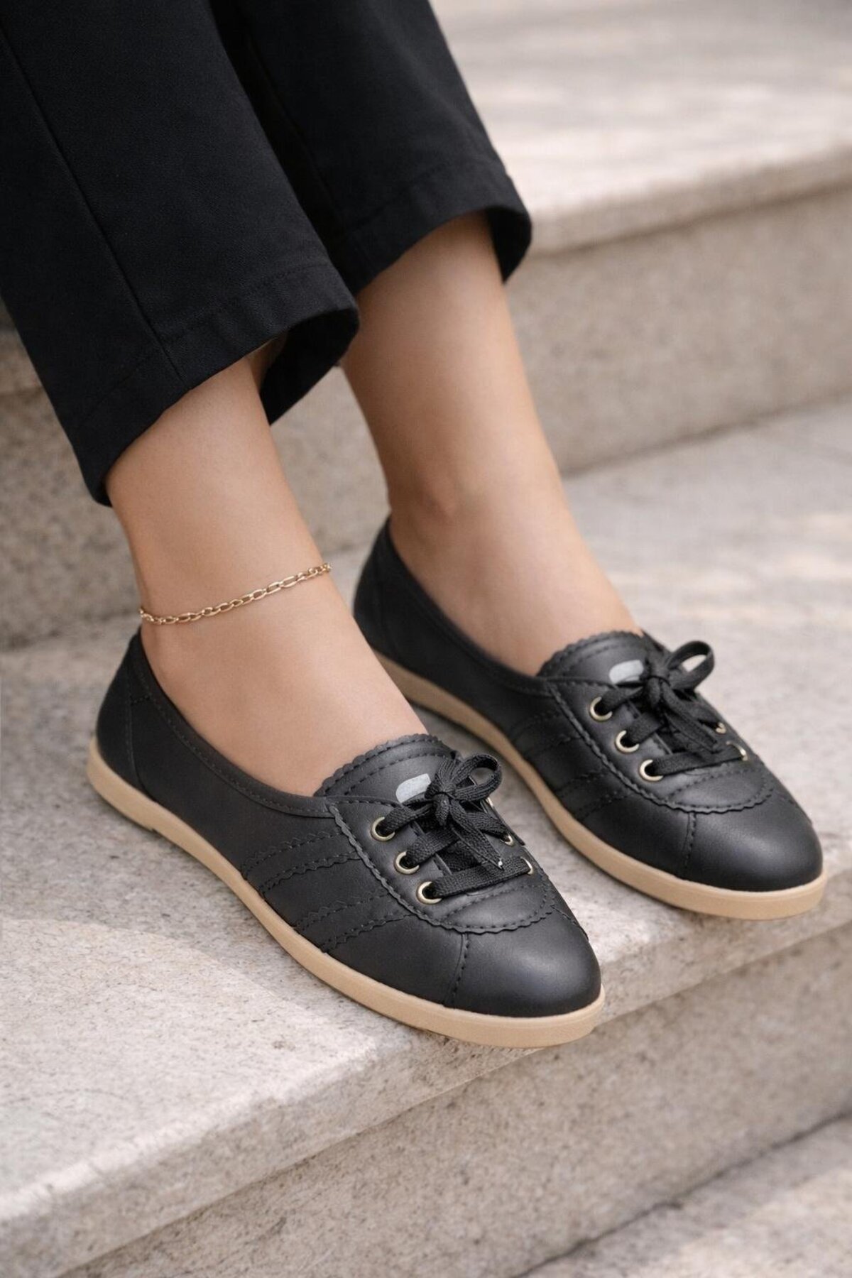 Slipcat  Kadın Spor Bağcıklı Günlük Rahat Retro Çizgili Babet Ayakkabı - Görsel 4