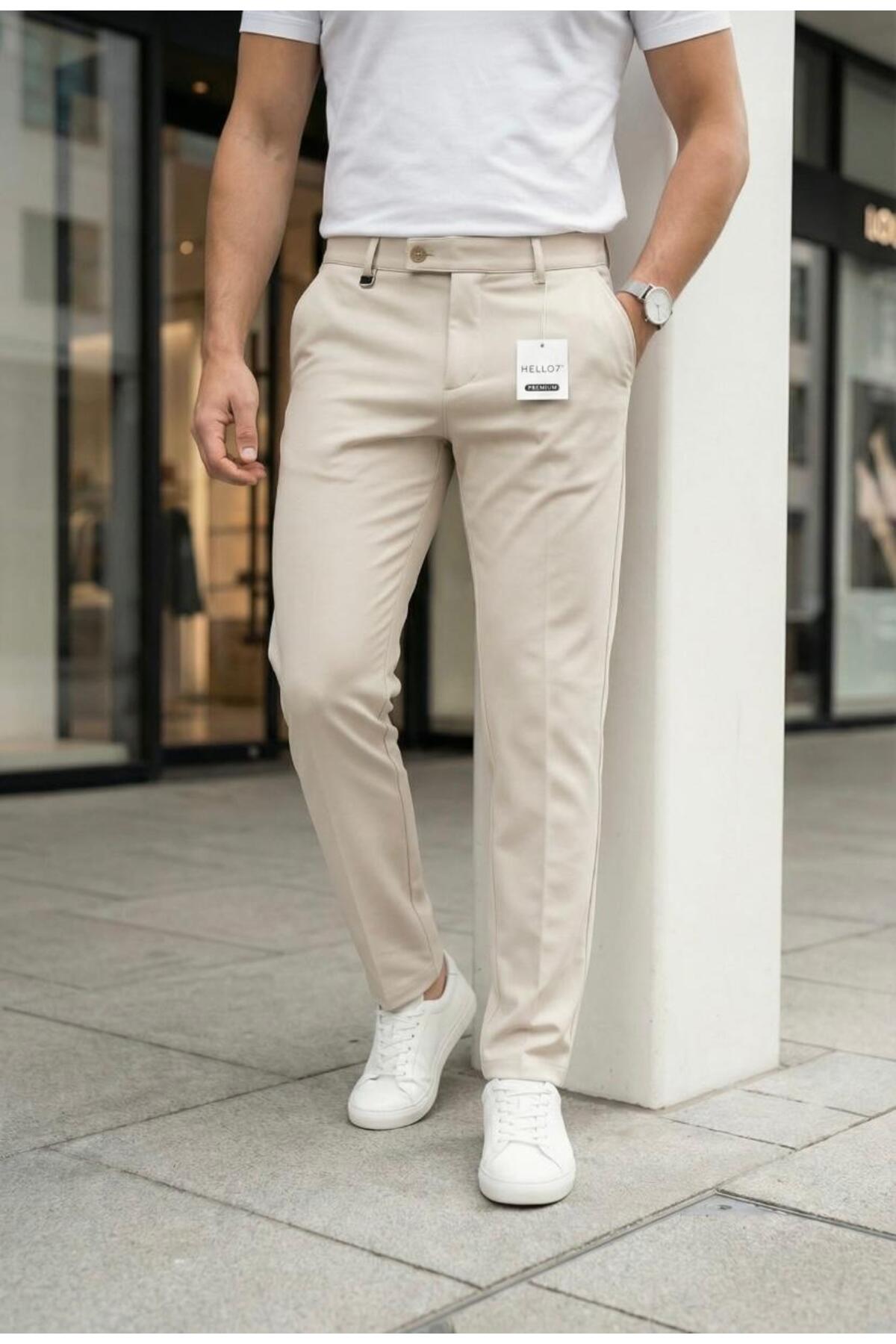 Ser Joven Erkek Bej Slim Fit Likralı Yan Cep Bilek Boy Düz Kumaş Pantolon görsel 2