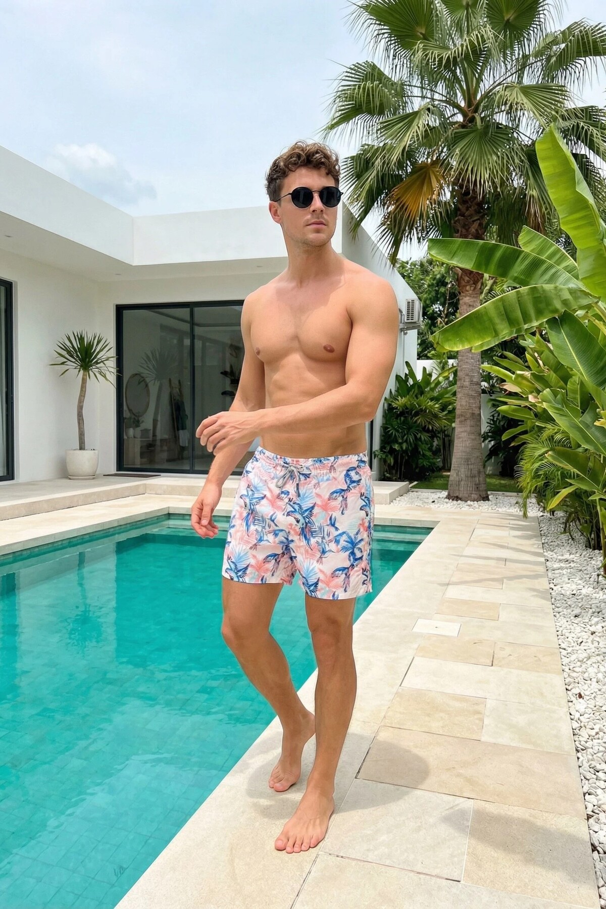 MADZEYMODA Multi-Colored Swim Shorts with Elastic Laces for Men, Short Length, Patterned, Lined Beach Shorts Ls-95755