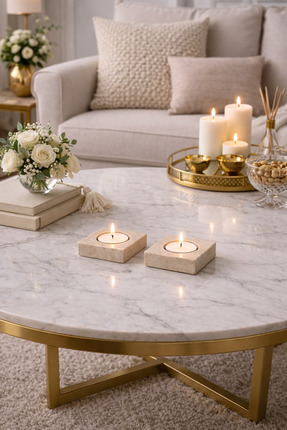 Sarıkaya Granit Mermer Mumluk | Dekoratif Mumluk | 2 Adet Mermer Mumluk | 8x8...
