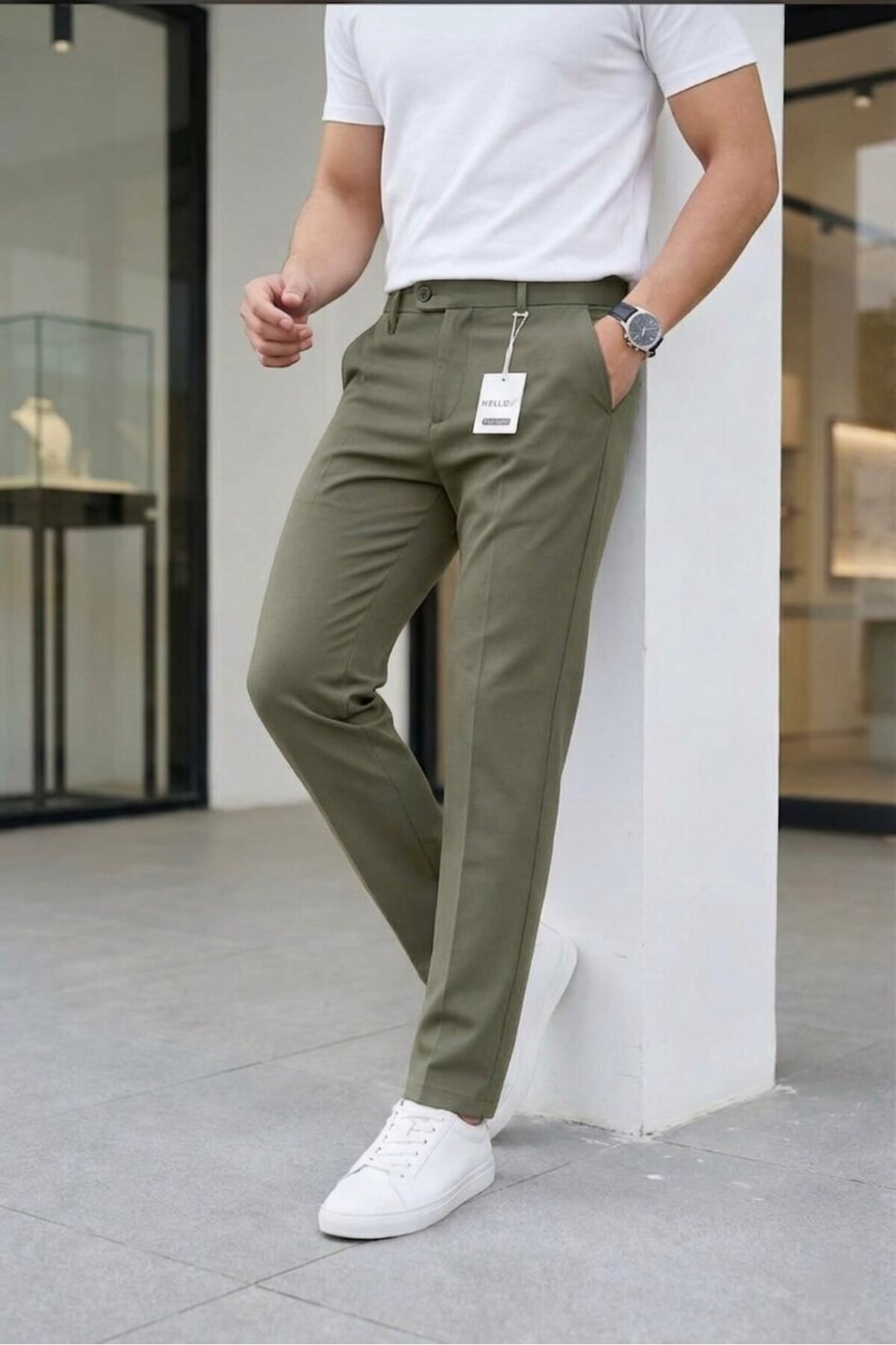 Ser Joven Men's Khaki Slim Fit Stretch Fabric Side Pocket Ankle-Length Plain Fabric Trousers