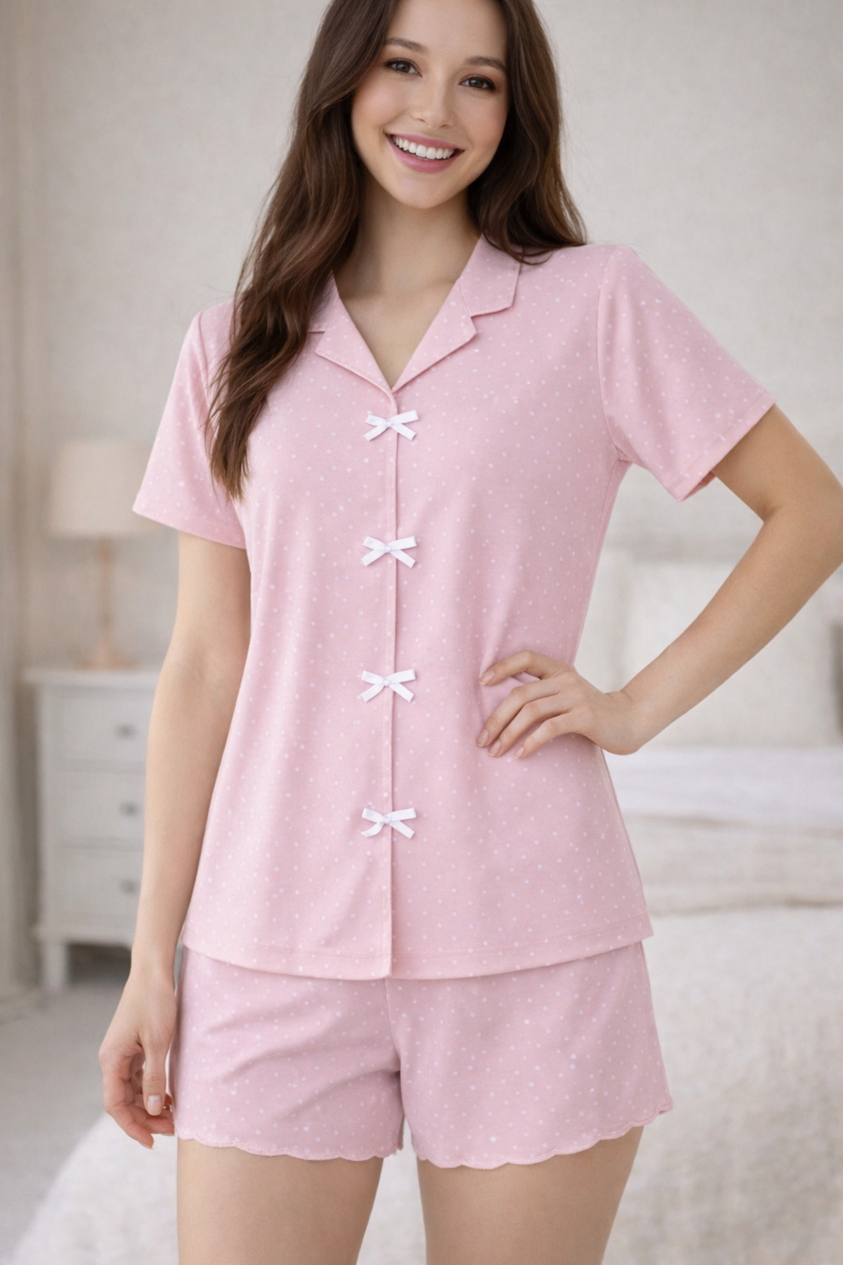 Mayla Pink Color Polka Dot Shorts Pajamas Set