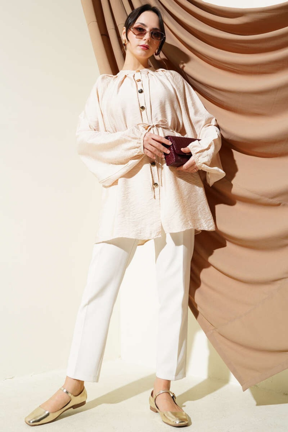 Waist Tie Detailed Tencel Fabric Hijab Shirt