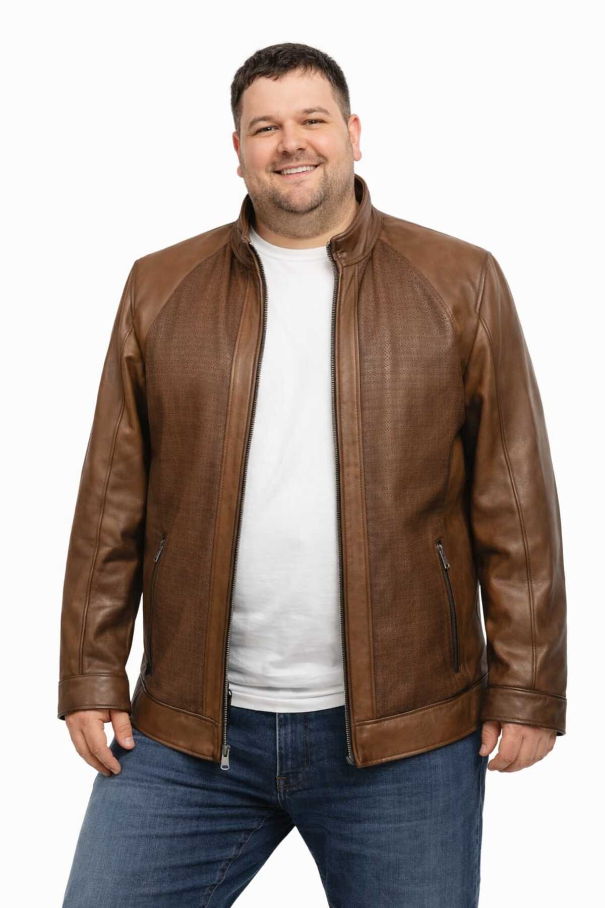 VİAMOD LEATHER Büyük Beden Erkek Kahverengi Hakim Yaka Modern Tasarım Dokulu Saf Deri Mont 4631