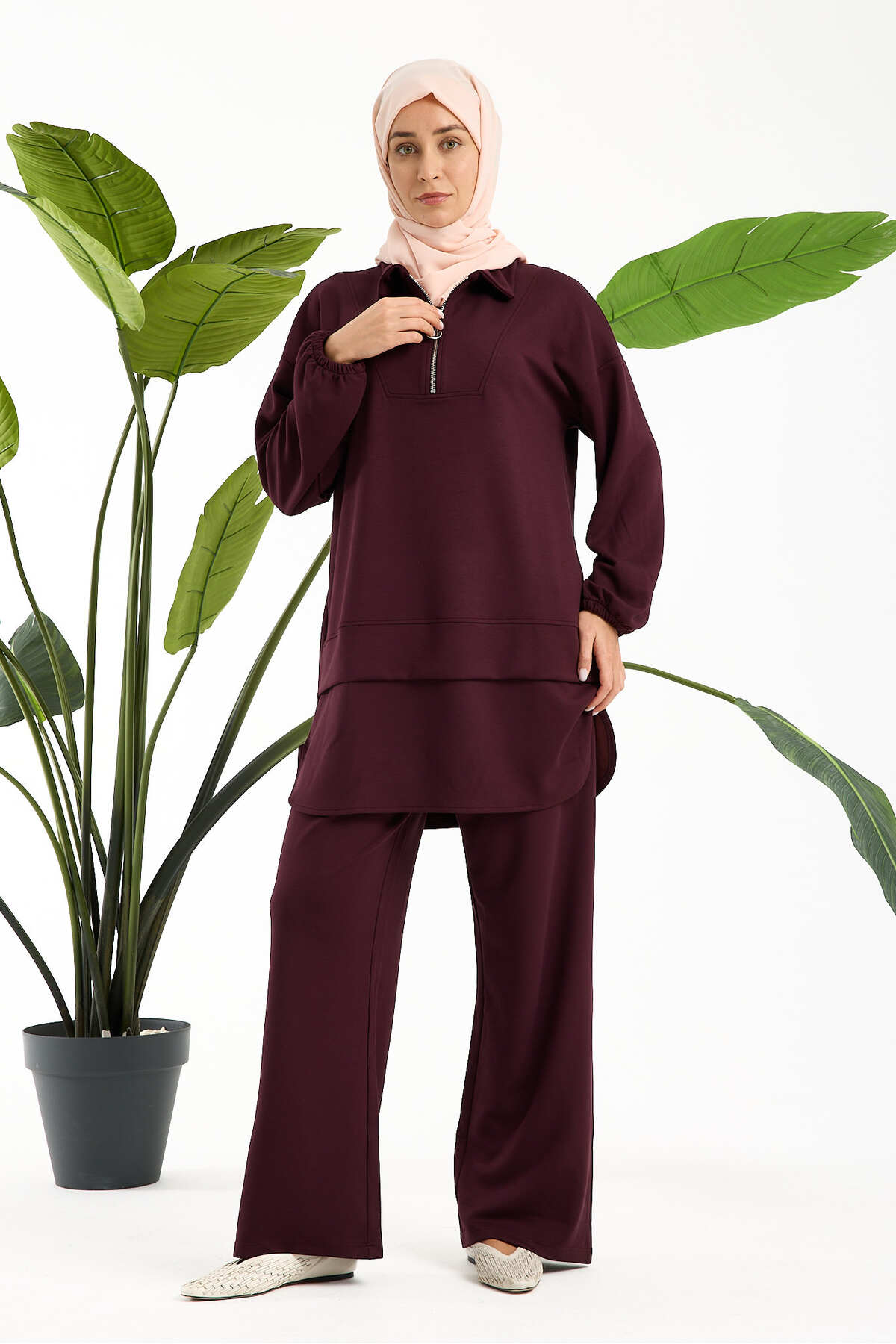 Kadın Premium Modal Kumaş İkili Takım – Rahat Kesim Tunik ve Pantolon - Bordo