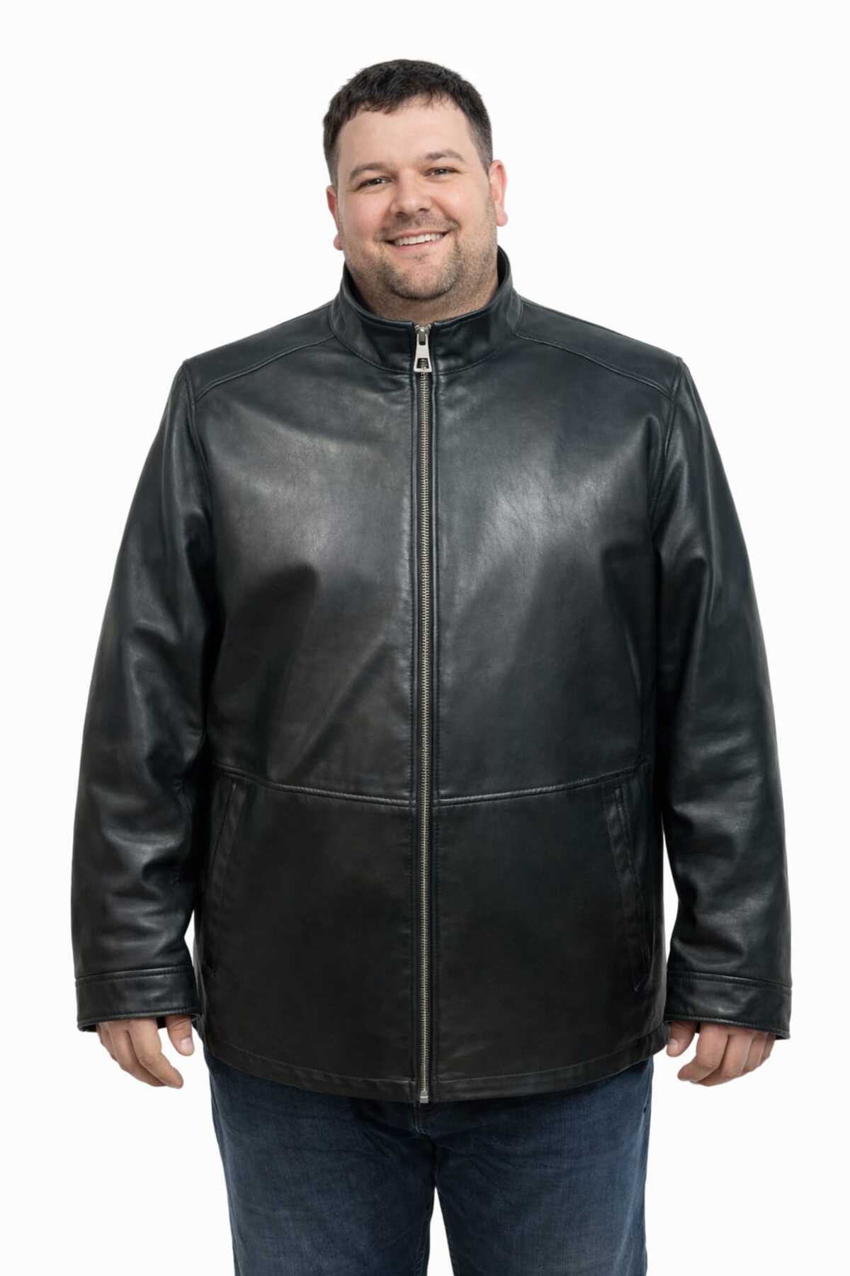 VİAMOD LEATHER Büyük Beden Erkek Hakiki Deri Ceket Siyah Hakim Yaka Premium Gerçek Deri Mont Üretici Garantili görsel 2