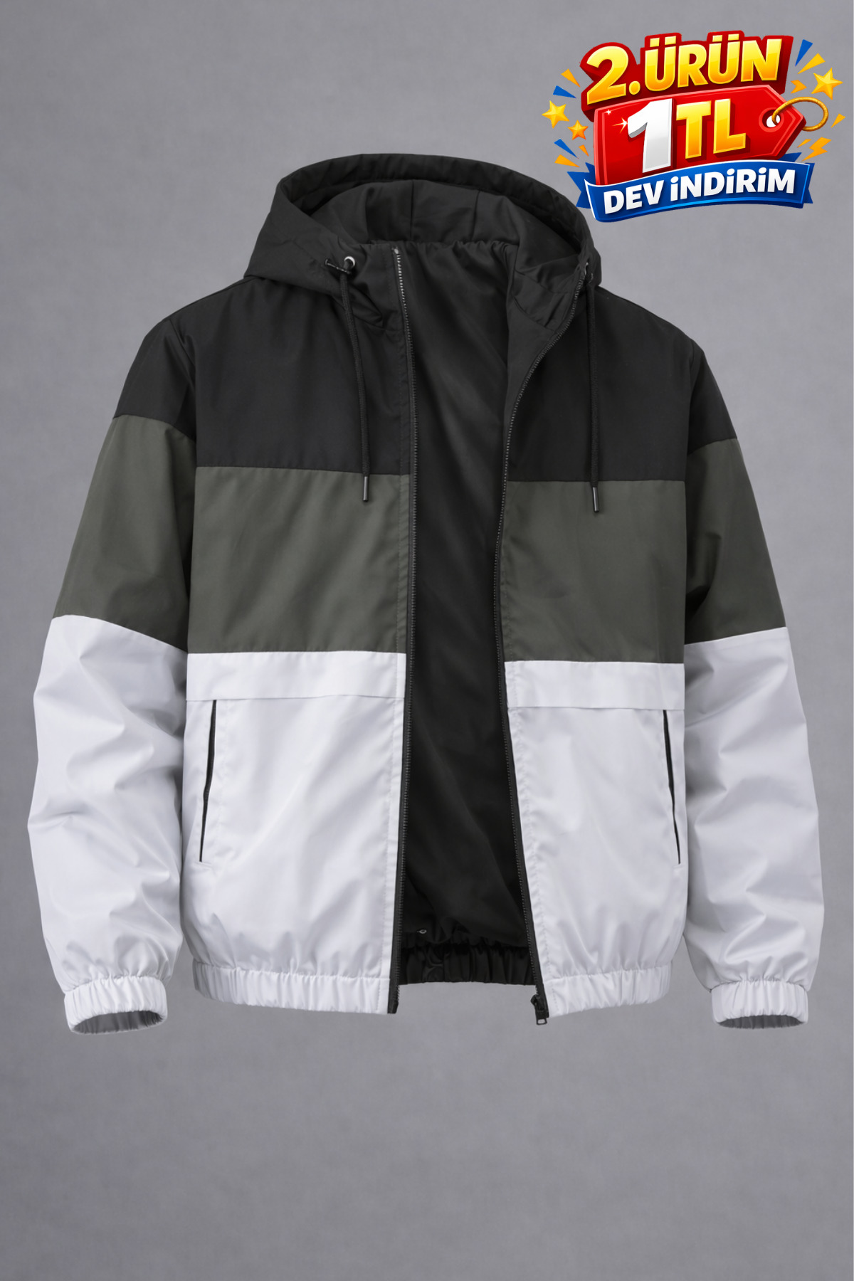 DAMGA JEANS  Erkek Trend Desenli Haki Fermuarlı Yağmurluk