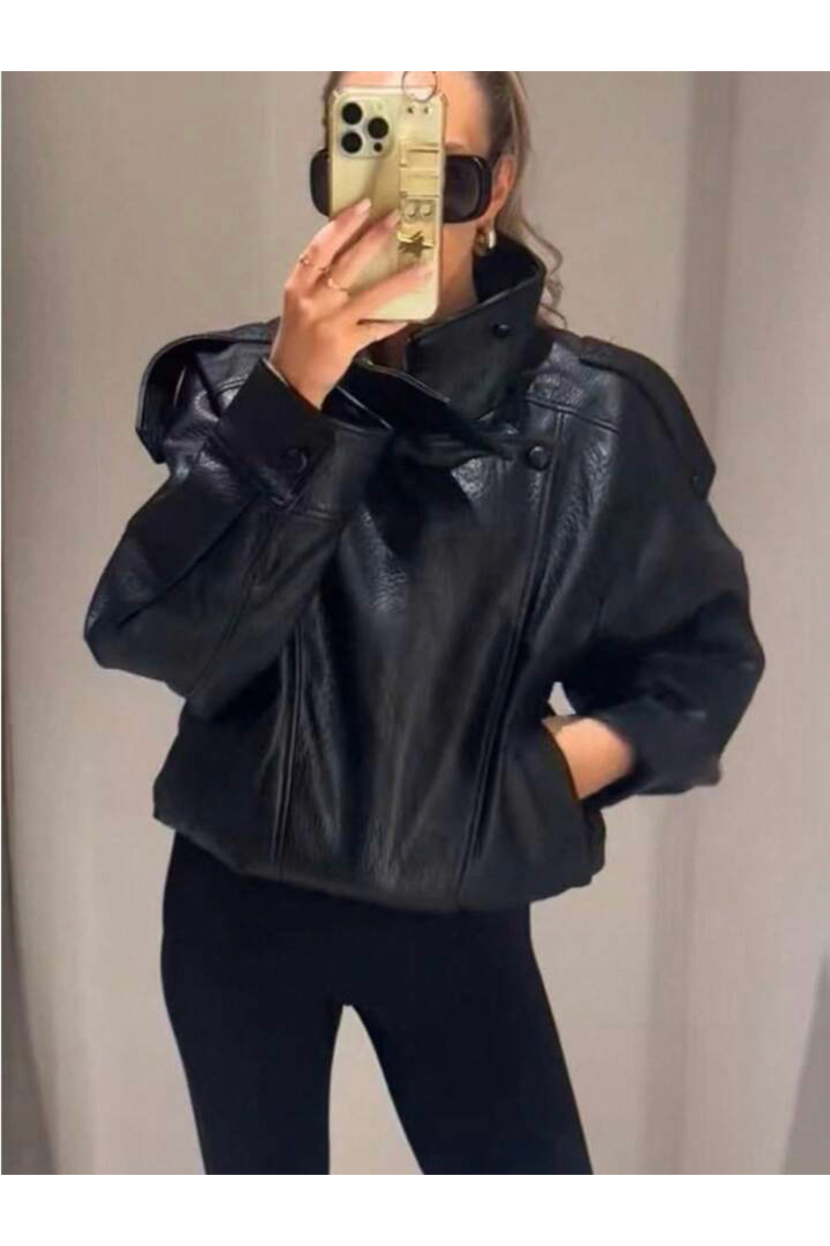 Viral Oversize Women's Leather Jacket High Neck Black Urban Style Women's Leather Jacket