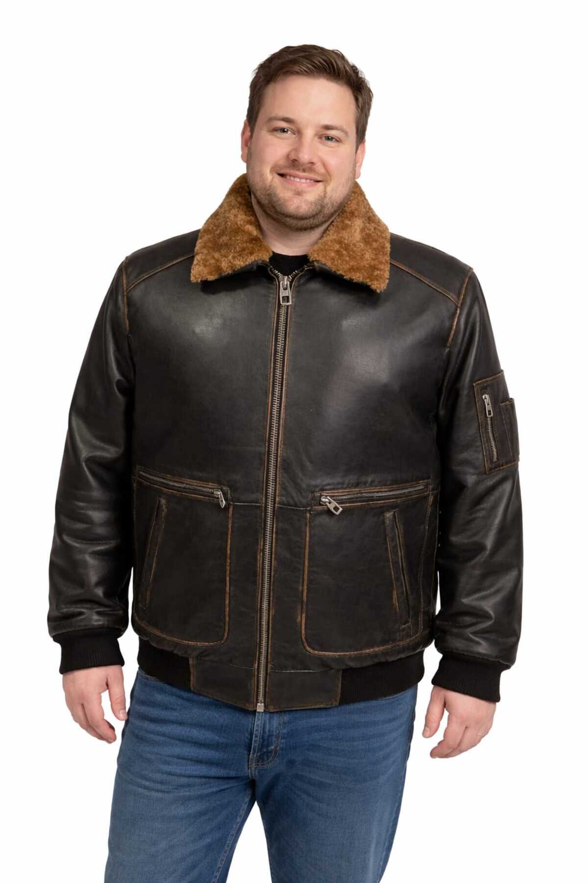 VİAMOD LEATHER Büyük Beden Erkek Kürk Yakalı Siyah Premium Pilot Model Gerçek Deri Mont Üretici Garantili görsel 3
