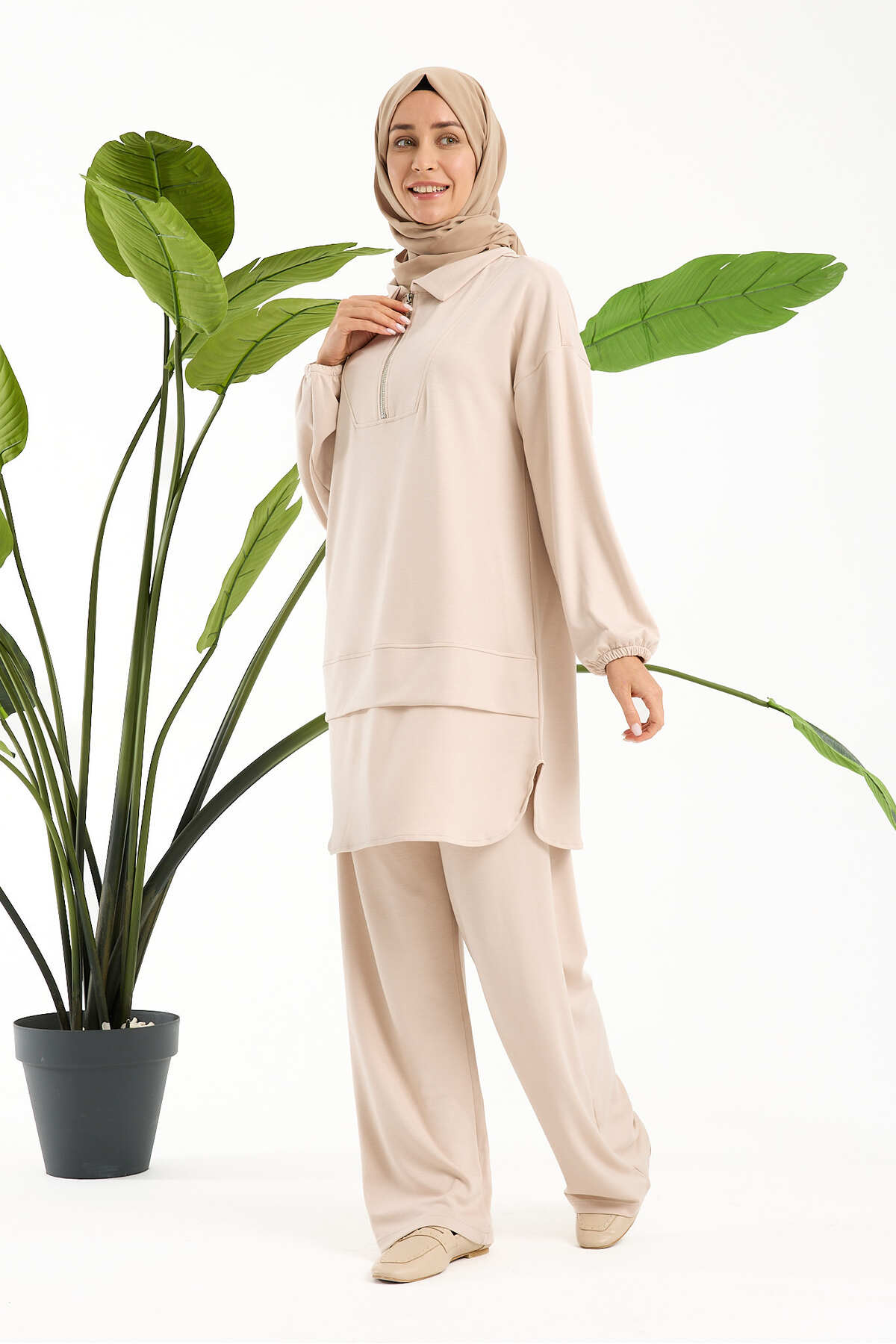 Kadın Premium Modal Kumaş İkili Takım – Rahat Kesim Tunik ve Pantolon - Bej