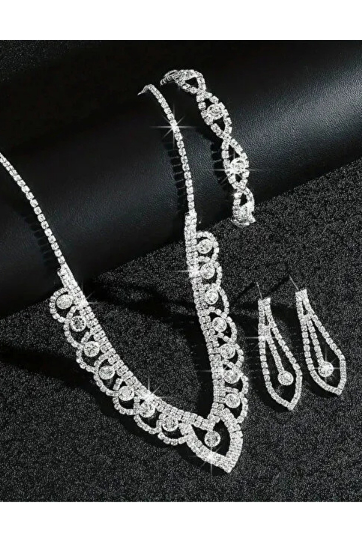 Gümüş Kaplama Melisa Model Kolye Küpe Bileklik Seti Düğün Nişan Davet Seti Hediye Takı Seti