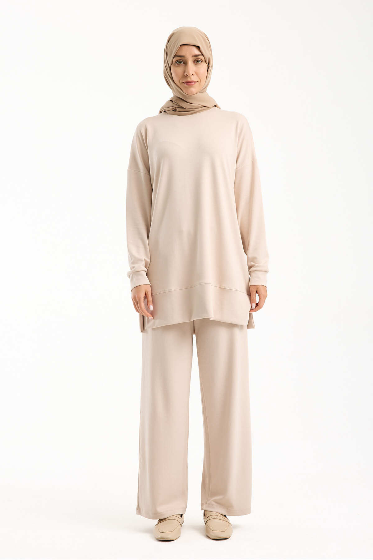 Kadın Premium Modal Kumaş Basic Tunik Takım – Rahat Kesim İkili Tesettür Takım - Bej