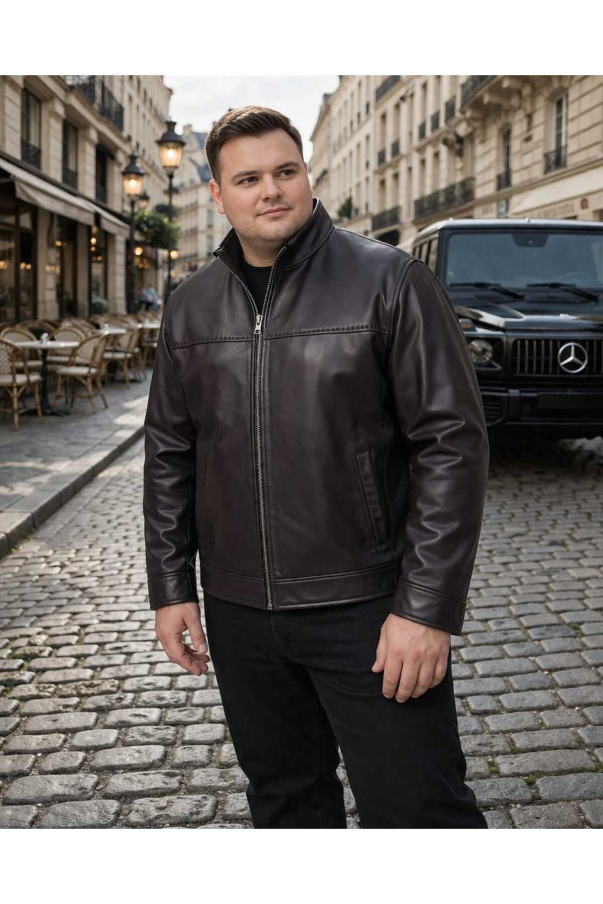 VİAMOD LEATHER Büyük Beden Erkek Kahverengi Hakim Yaka Deri Mont Ceket 8608 görsel 2