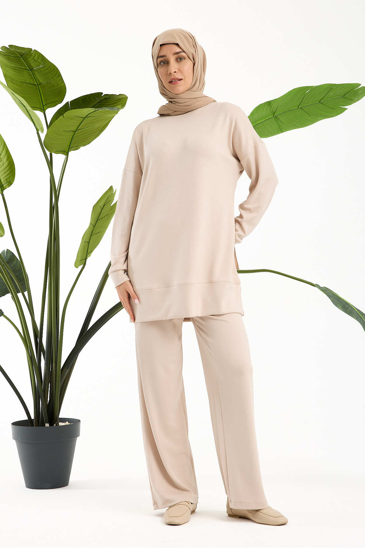 Kadın Premium Modal Kumaş Basic Tunik Takım – Rahat Kesim İkili Tesettür Takım - Bej