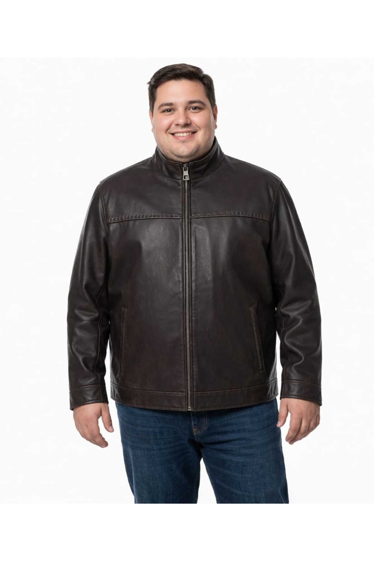 VİAMOD LEATHER Büyük Beden Erkek Kahverengi Hakim Yaka Deri Mont Ceket 8608