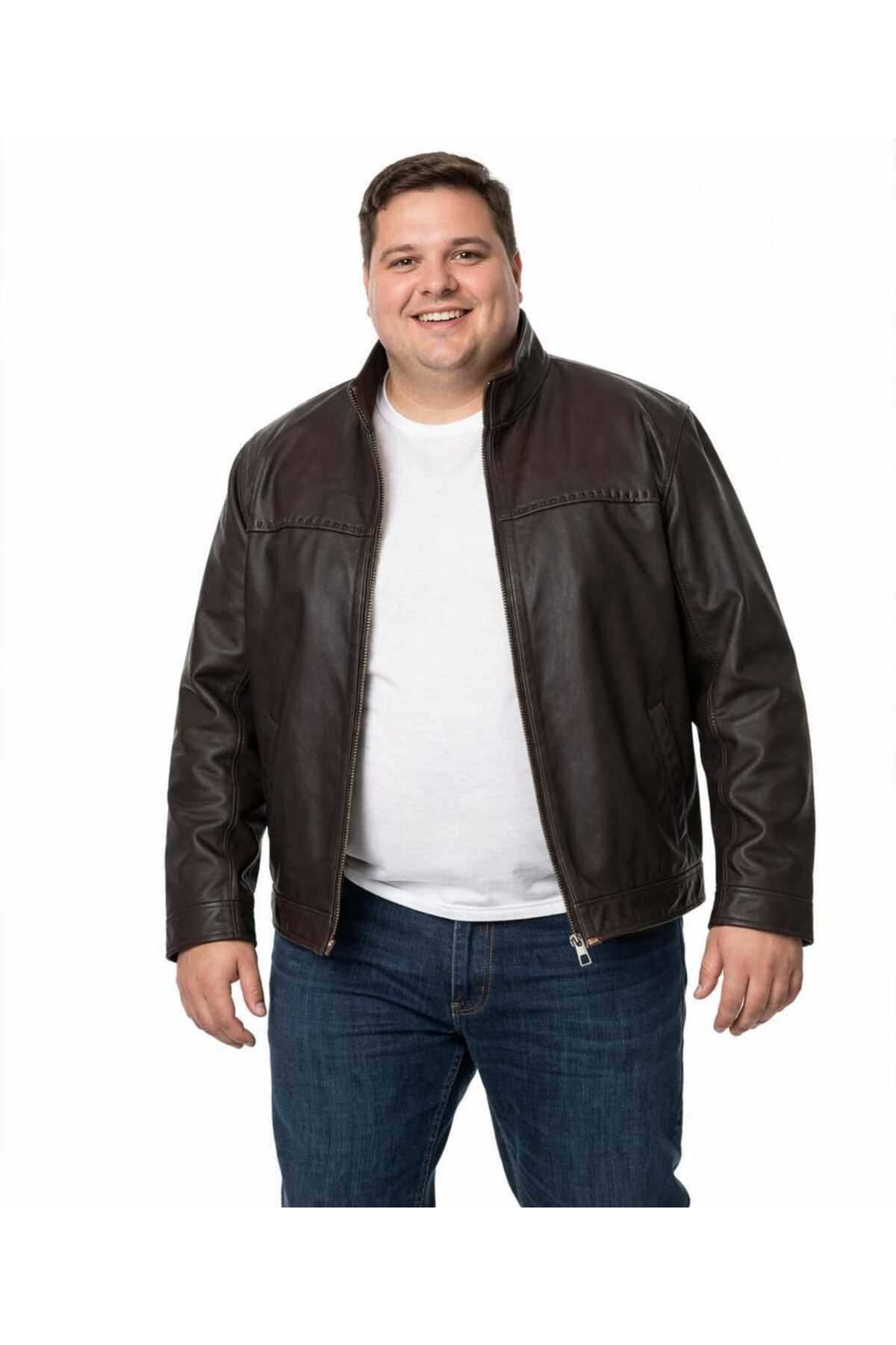 VİAMOD LEATHER Büyük Beden Erkek Kahverengi Hakim Yaka Deri Mont Ceket 8608 görsel 4