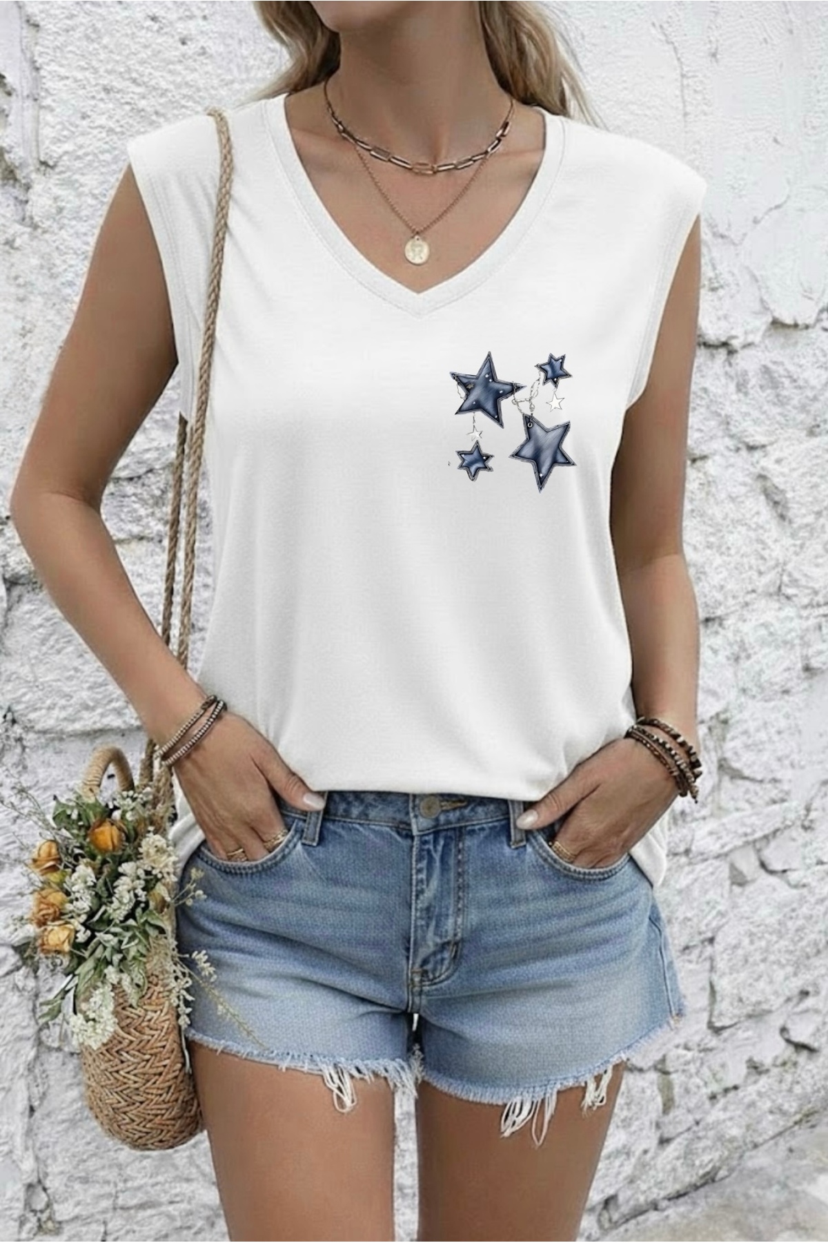 FUFLUNS MİNİ ZİNCİRLİ YILDIZ BASKILI KADIN OVERSİZE KOLSUZ T-SHIRT