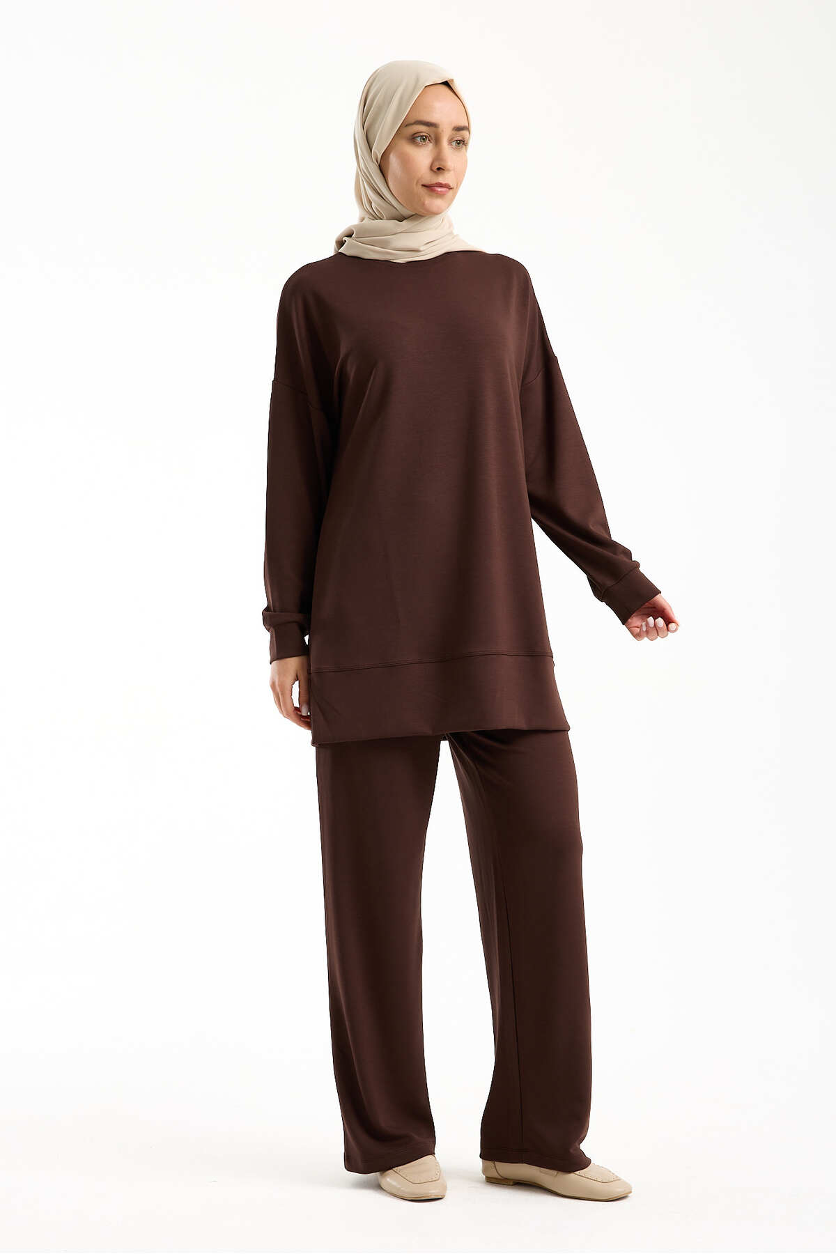 Kadın Premium Modal Kumaş Basic Tunik Takım – Rahat Kesim İkili Tesettür Takım - Kahverengi