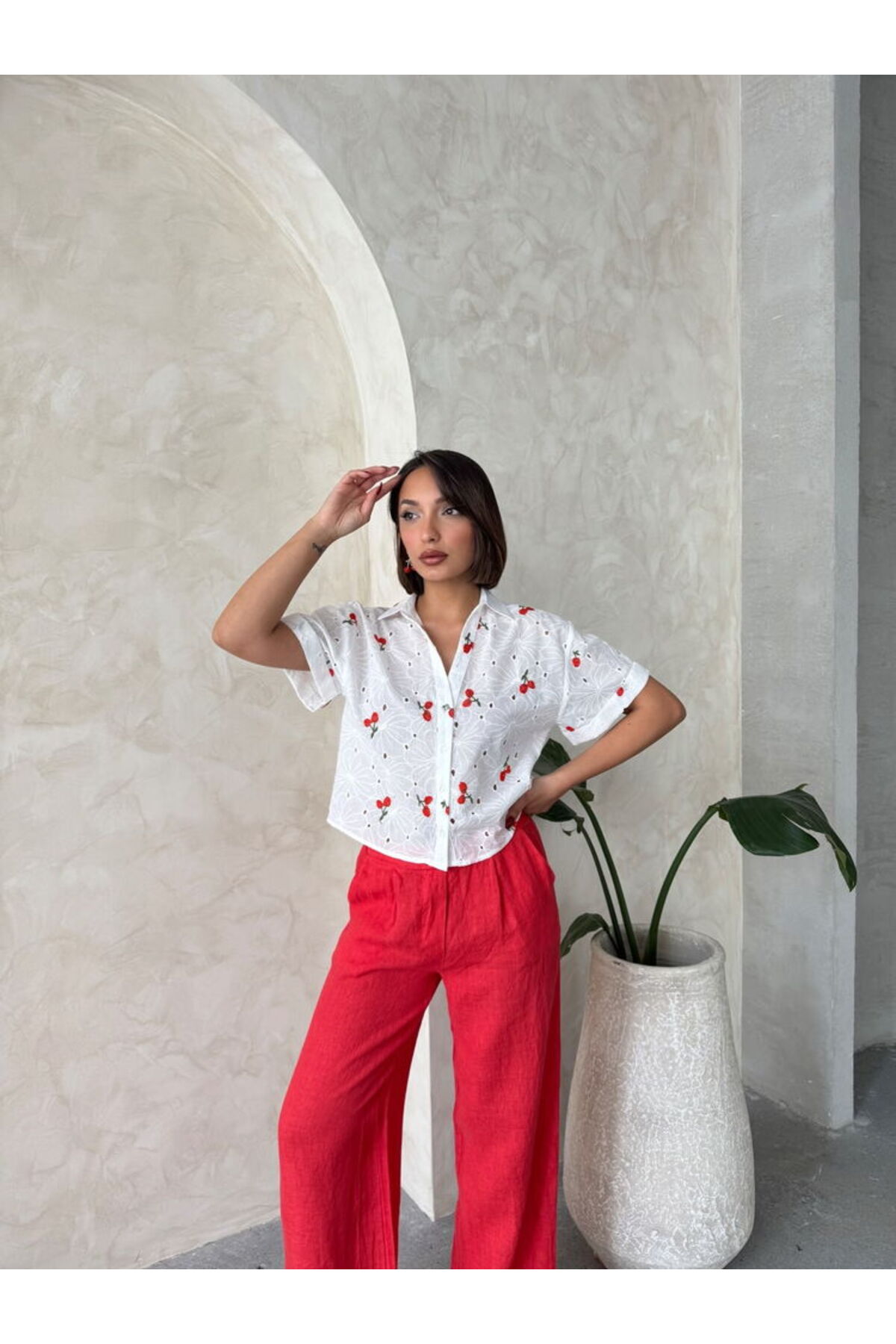 VERYMODA  Nakışlı Brode Gömlek - Kiraz | D2806 - Görsel 2