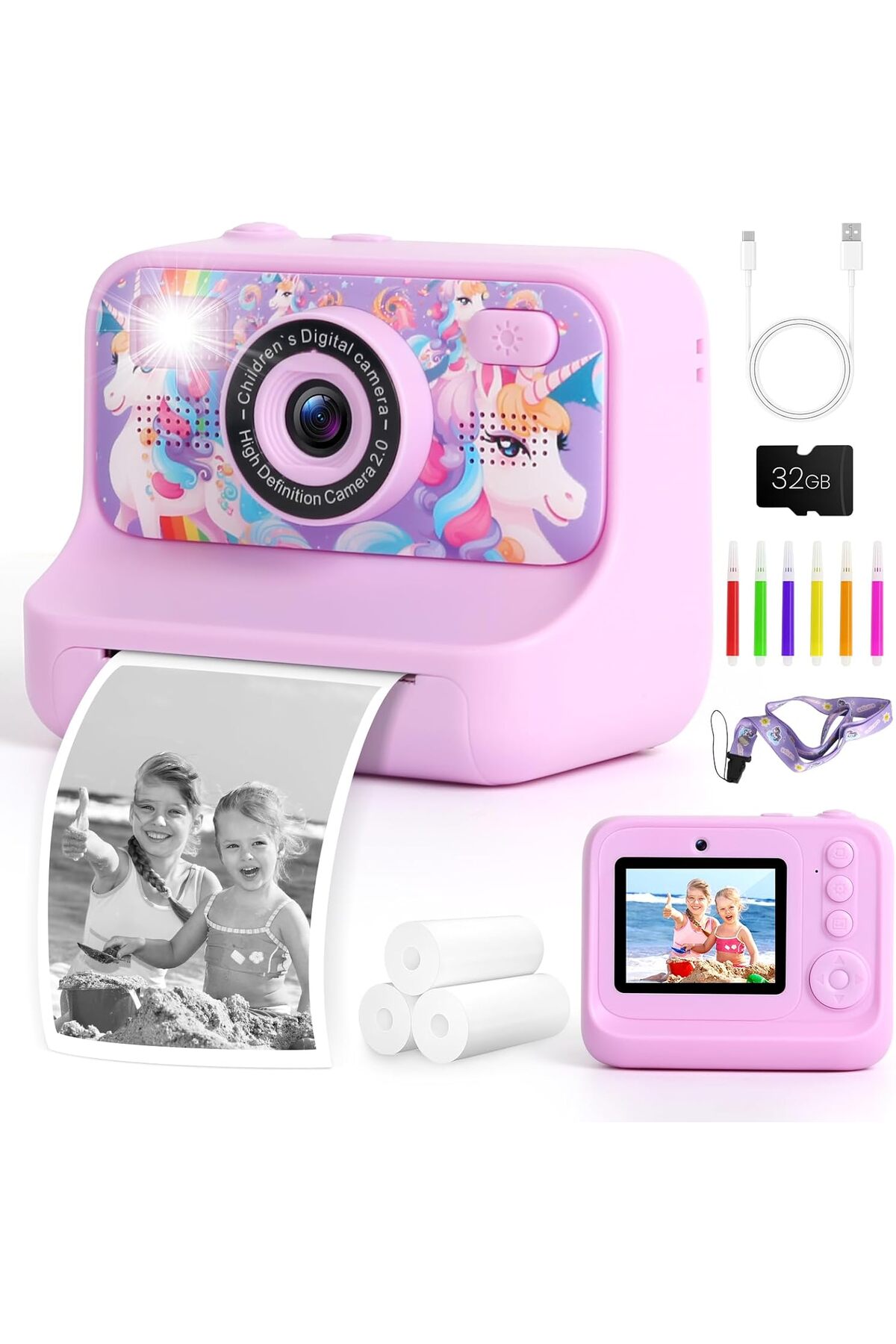 POAT Kids Camera Instant Print, 48MP Digital Camera for Kids with Inkless Printing, 32GB Card, 2.4" IPS Screen, 1080P Video, Selfie, Games – Kids Camera Toys for Girls Ages 3-12