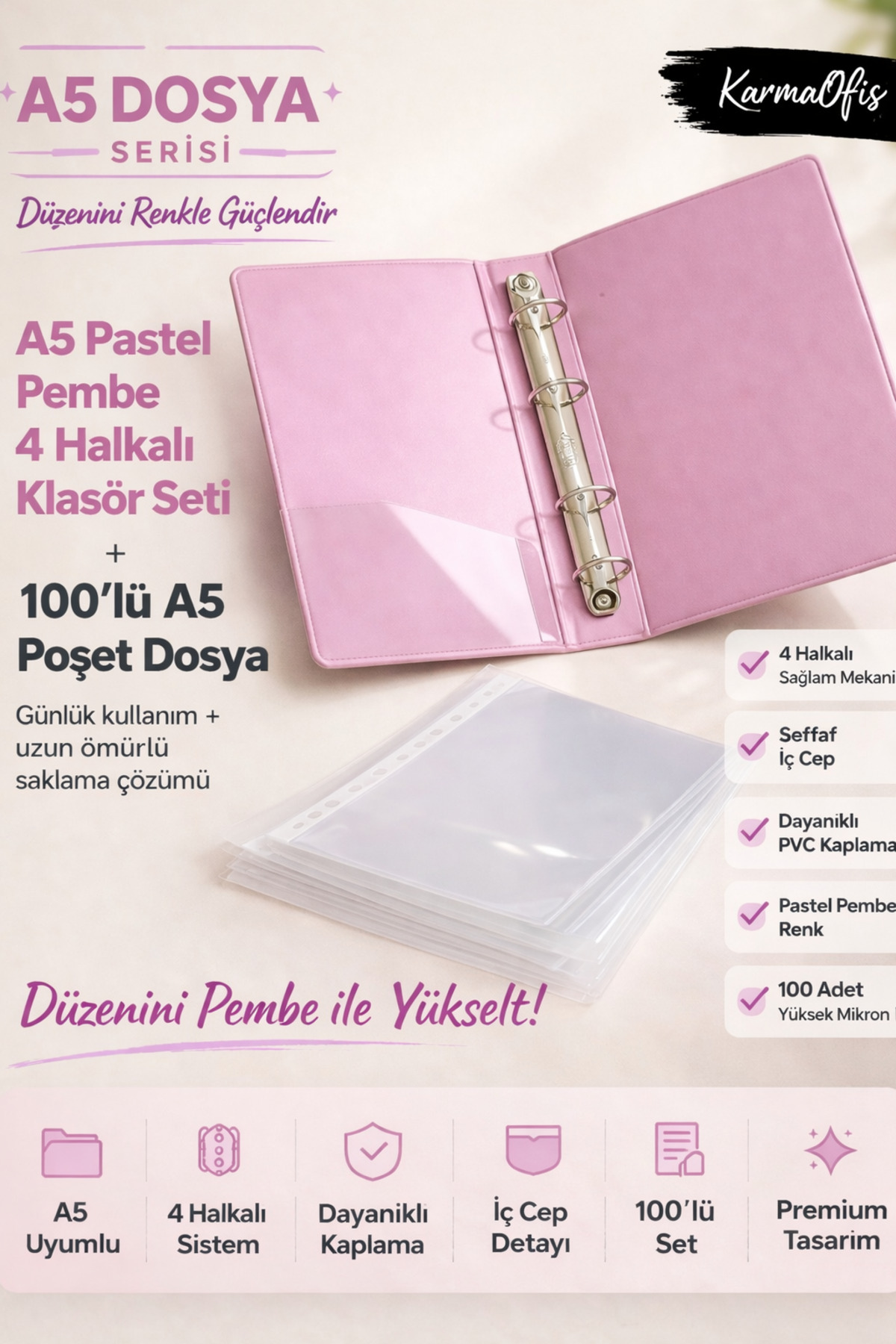 KarmaOfis A5 Pastel Pembe 4 Halkalı Klasör Seti + 100'lü A5 Poşet