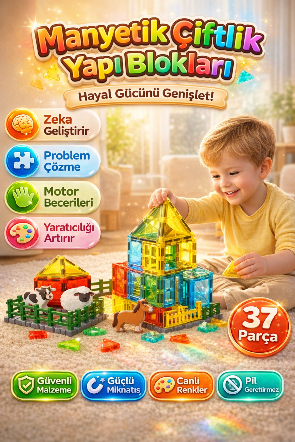 DENAPCAL Manyetik Bloklar 37 Parça Çiftlik Temalı Mıknatıslı Yapı Blokları 3+ Yaş Eğitici Oyuncak fotoğrafı 2 (önizleme)