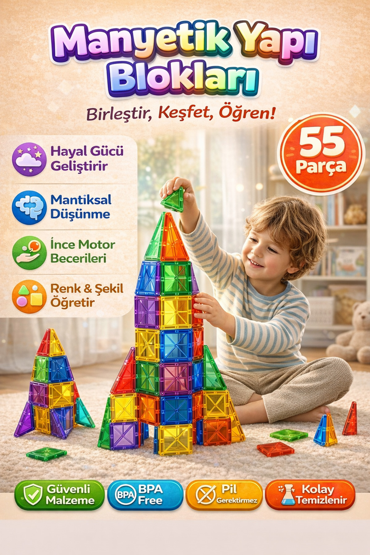 DENAPCAL Manyetik Yapı Blokları 55 Parça Mıknatıslı Bloklar 3+ Yaş Eğitici Oyuncak, Manyetik Oyuncak fotoğrafı 2 (önizleme)