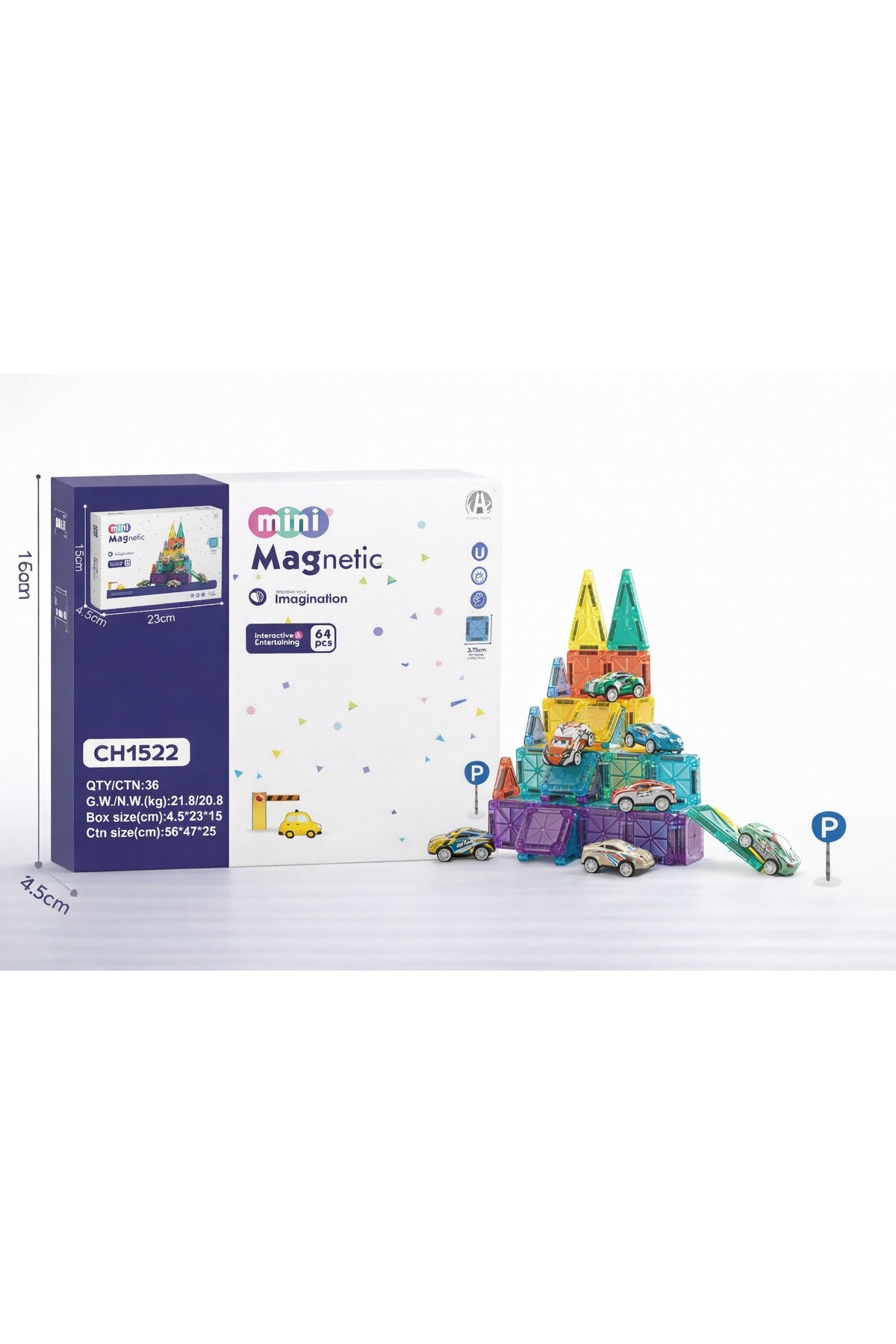 TOYFEST Magnetic Mini 64 Parça Manyetik Blok Seti Arabalı Eğitici Zeka Oyuncağı Set Kare Parça 3.75 CM fotoğrafı 2 (önizleme)