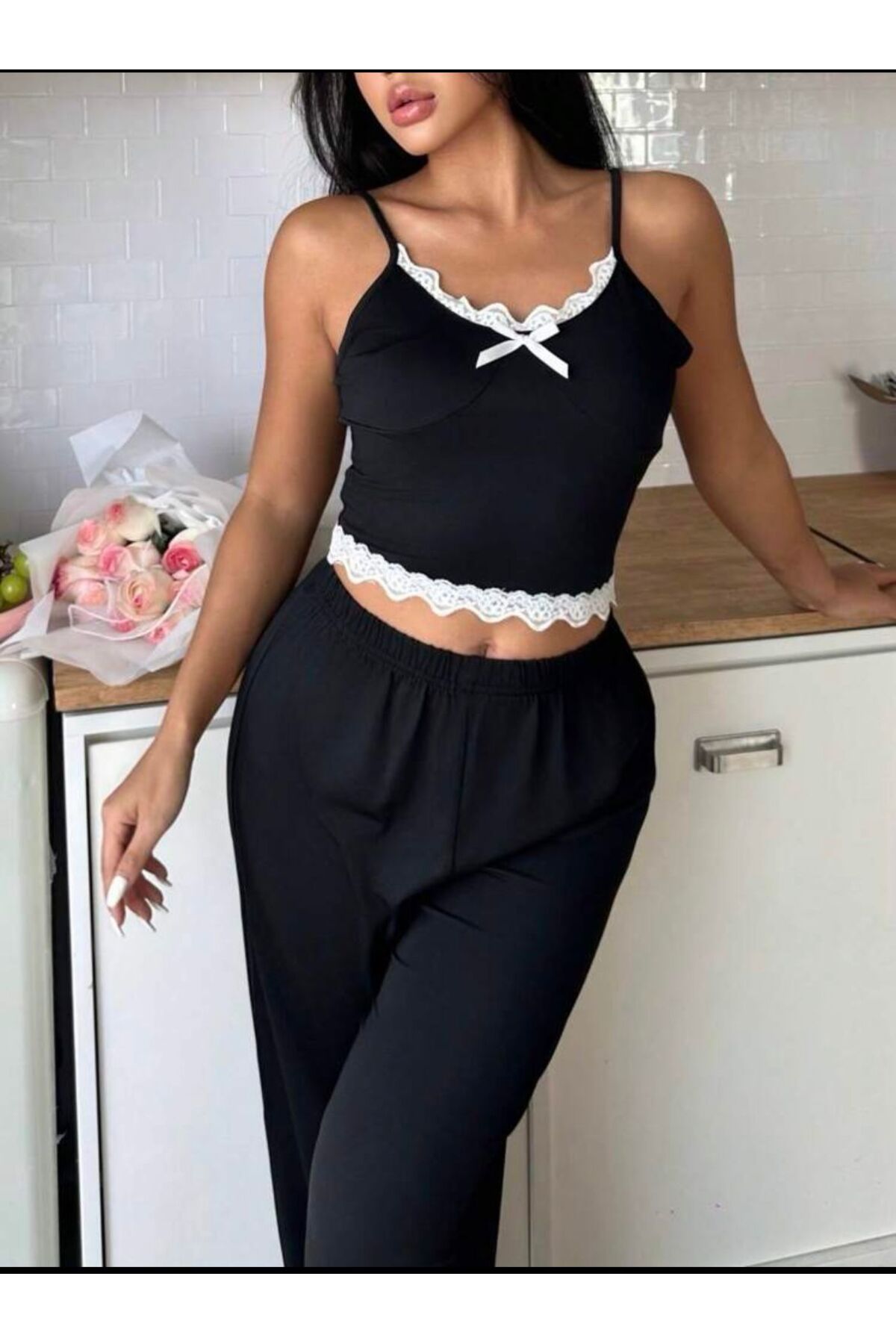 NUBARRON Kadın Siyah Dantel Kenarlı Yumuşak Dokulu Pijama Takımı görsel 6