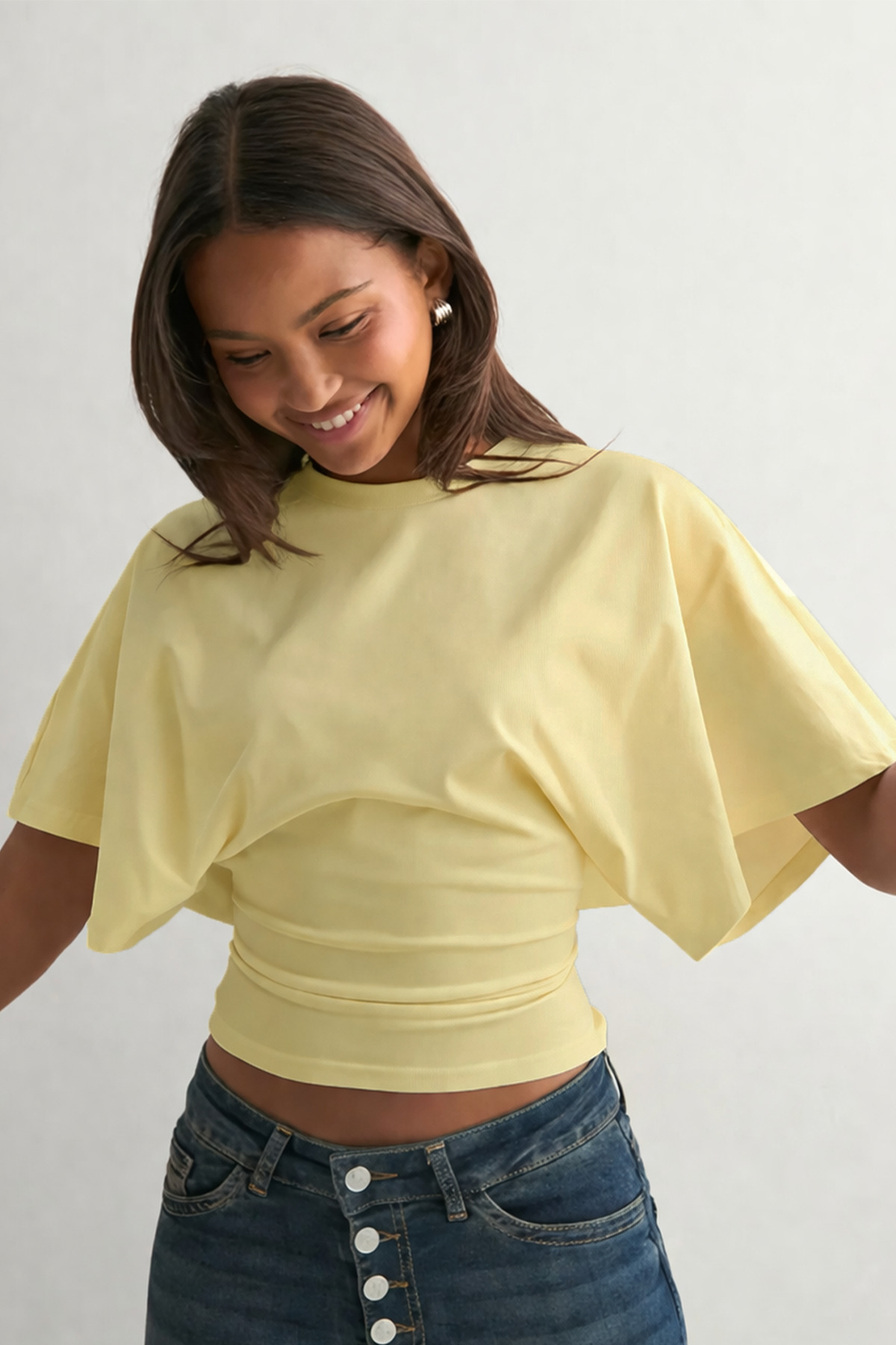 ecemore  Bele Oturan Geniş Kollu Sarı Doğal Viskon Bluz