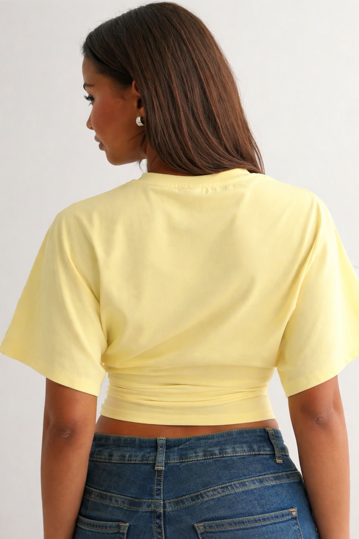 ecemore  Bele Oturan Geniş Kollu Sarı Doğal Viskon Bluz - Görsel 4