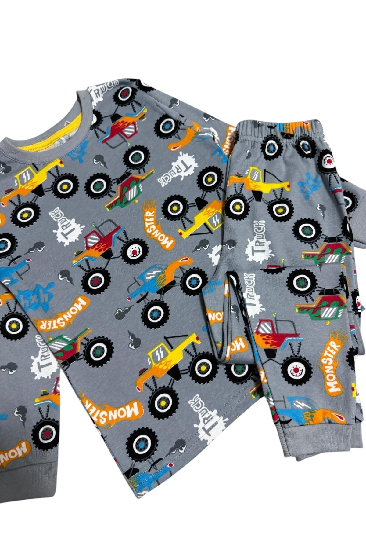 elmas kids Erkek Çocuk %100 Pamuklu Gri Renk Jip Desenli Uzun Kollu Kışlık İnterlok Pijama Takımı fotoğrafı 3 (önizleme)