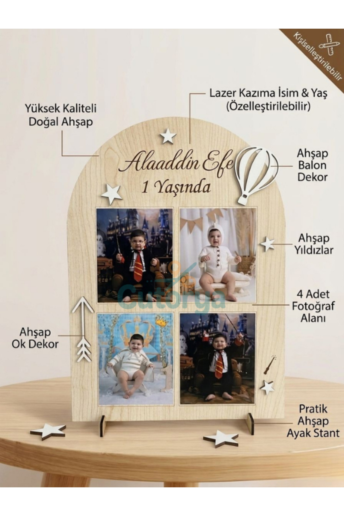 Kişiye Özel İsimli ve Yaşlı Ahşap Doğum Günü Panosu - 4 Fotoğraflı Bebek Anı Çerçevesi
