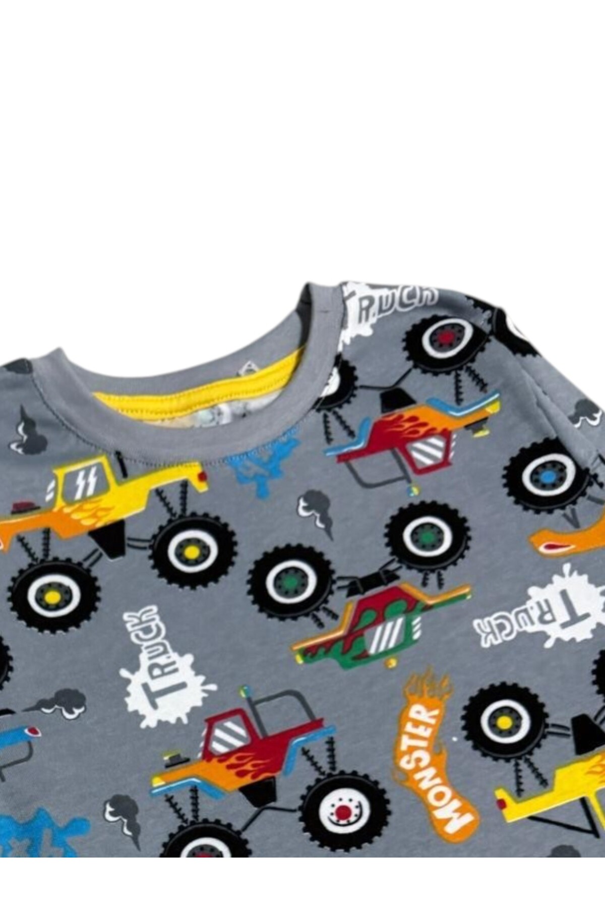 elmas kids Erkek Çocuk %100 Pamuklu Gri Renk Jip Desenli Uzun Kollu Kışlık İnterlok Pijama Takımı fotoğrafı 2 (önizleme)