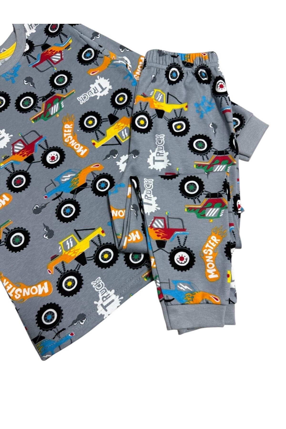 elmas kids Erkek Çocuk %100 Pamuklu Gri Renk Jip Desenli Uzun Kollu Kışlık İnterlok Pijama Takımı fotoğrafı 4 (önizleme)