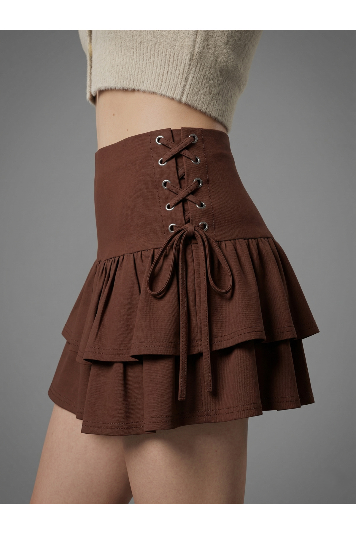 SLAW REZZ  Kadın Yandan Bağlamalı Kuş Gözlü Detaylı Fır Fır Detaylı Etek