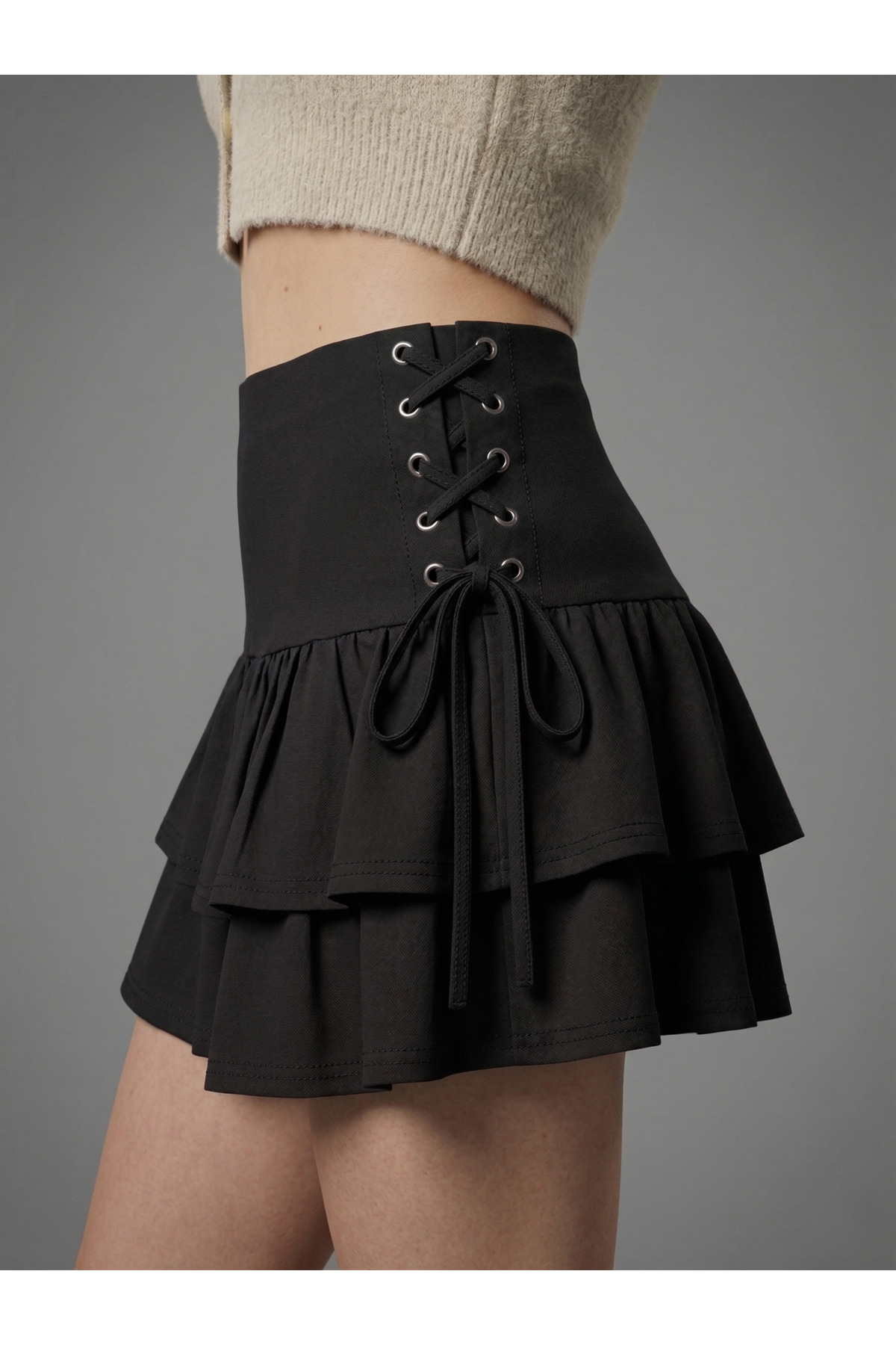 SLAW REZZ  Kadın Yandan Bağlamalı Kuş Gözlü Detaylı Fır Fır Detaylı Etek