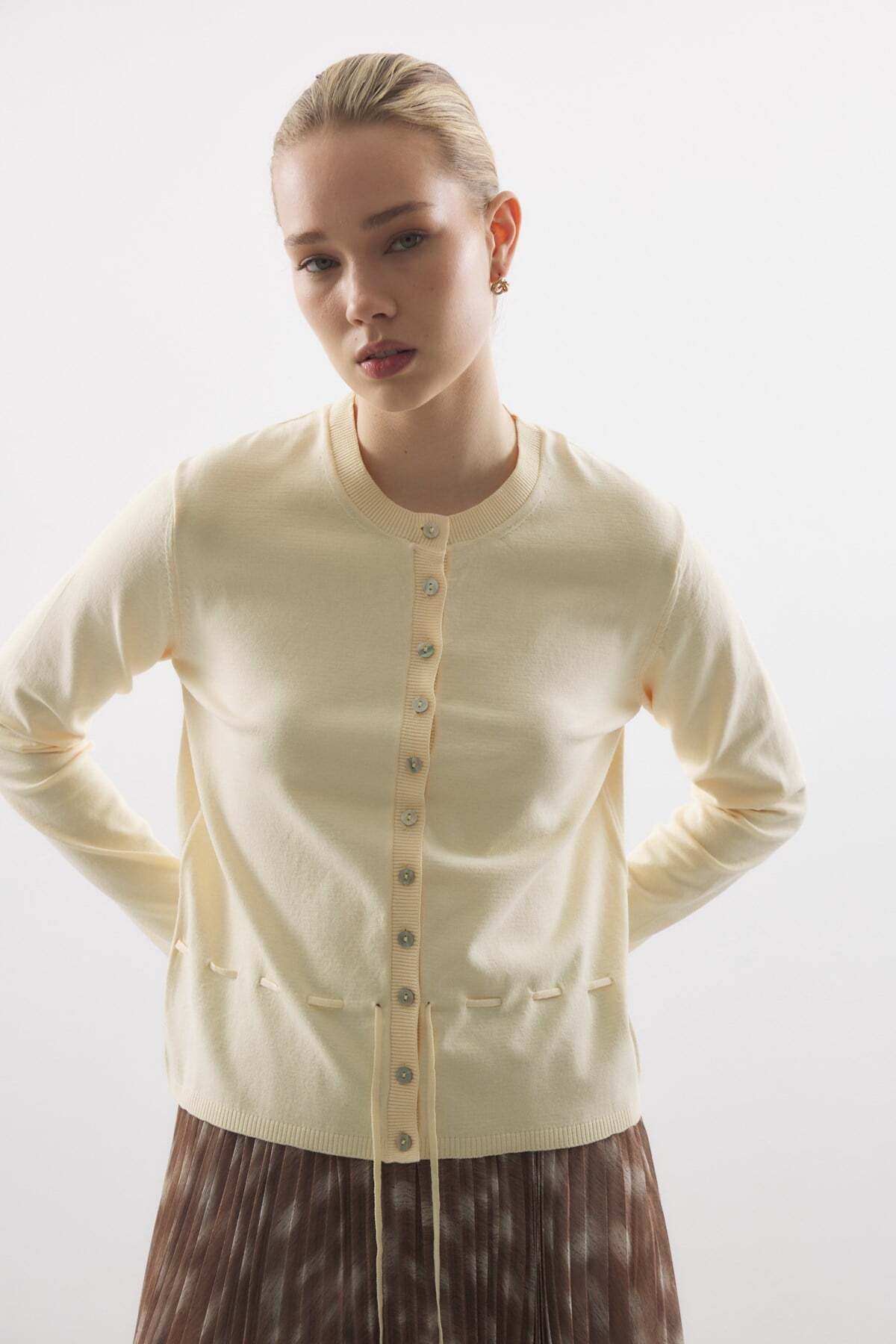 Zeyyen  BEL İPLİ MERSERİZE TRİKO HIRKA SARI - Görsel 5