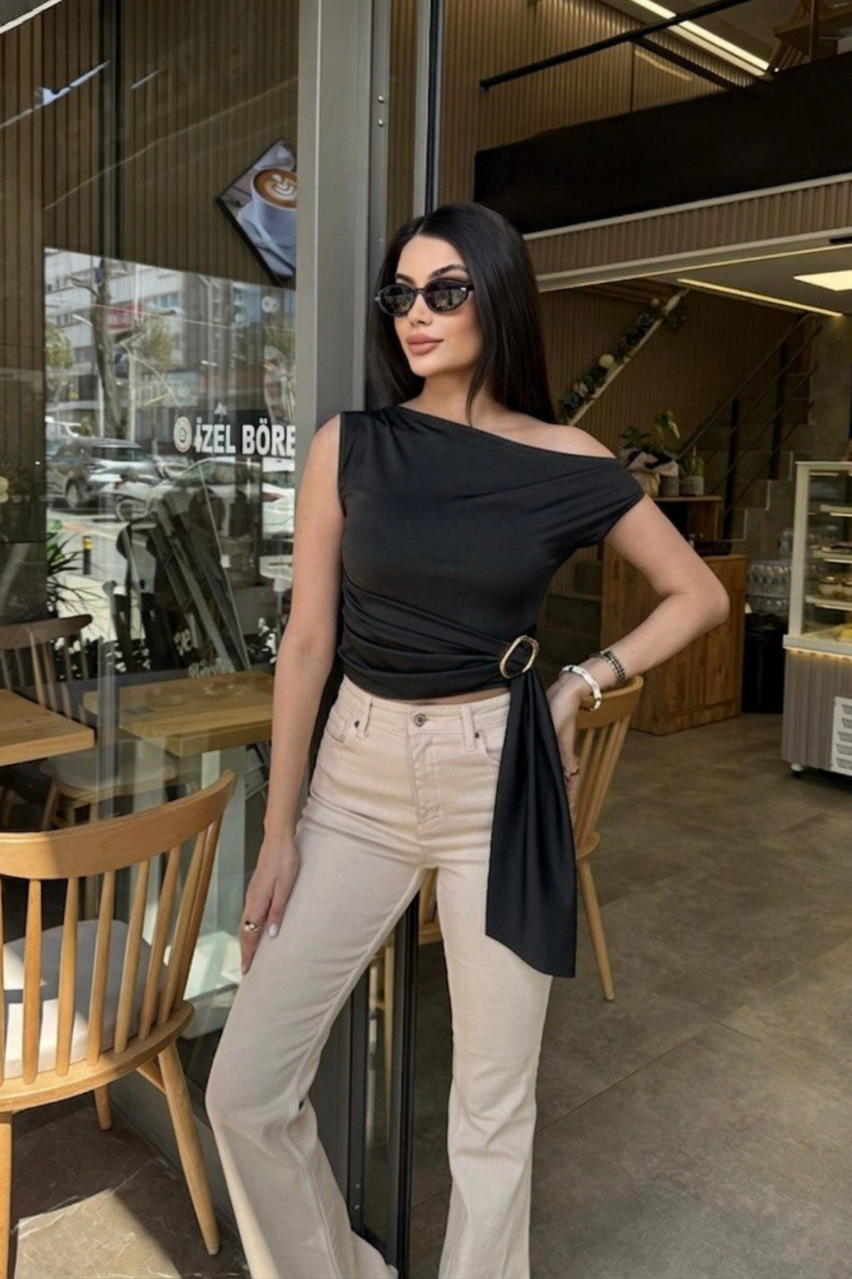 Women's Asymmetrical Neck Belted Blouse with Waist Buckle