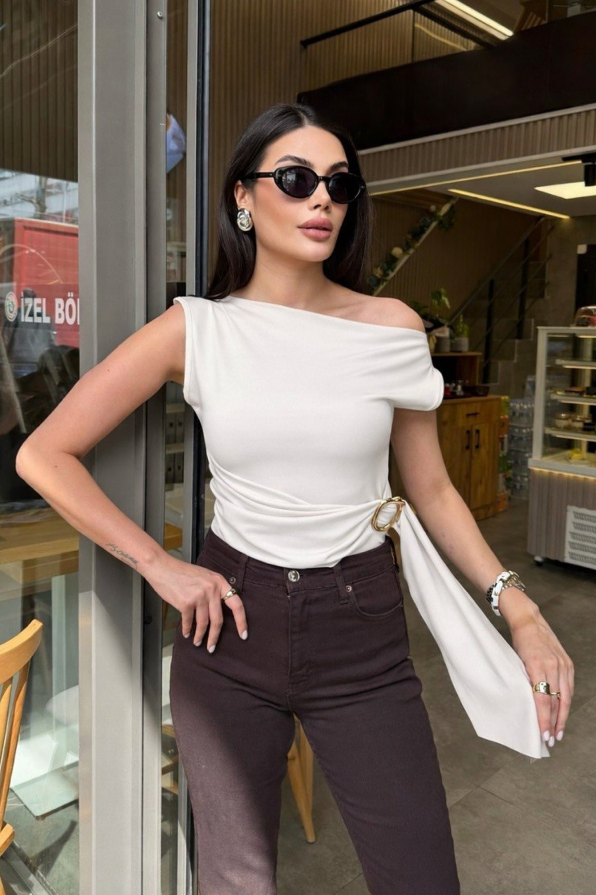 Women's Asymmetrical Neck Belted Blouse with Waist Buckle