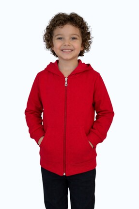 evavi Çocuk Kapüşonlu Fermuarlı Cepli Kırmızı Sweatshirt Ceket