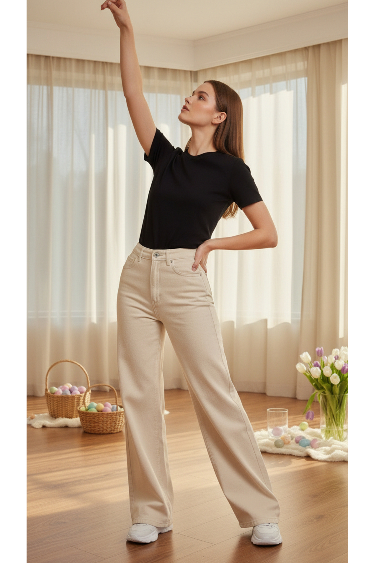 geenz manifacture Palazzo Jeans 90's Krem Likralı Süper Yüksek Bel Wide Leg Salaş Jeans Palazzo Pantolon görsel 4