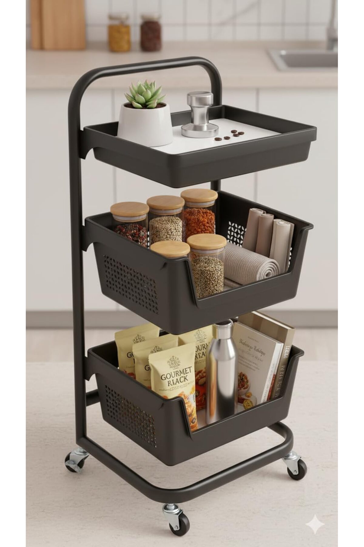 رف تخزين متنقل بثلاث طبقات للمطبخ والحمام