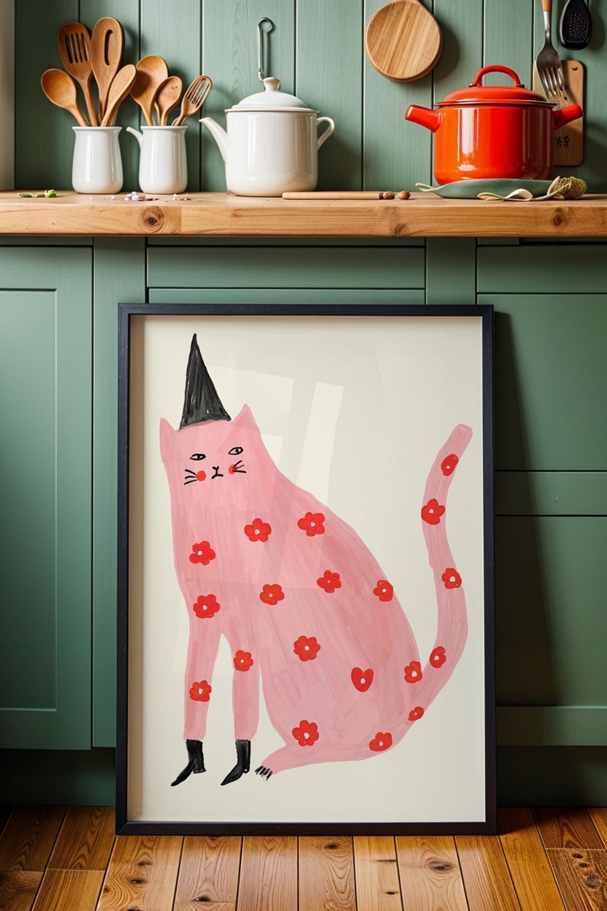 Pembe Kedi Tablo Minimal İllüstrasyon Poster Ev Duvar Dekoru Çerçevesiz