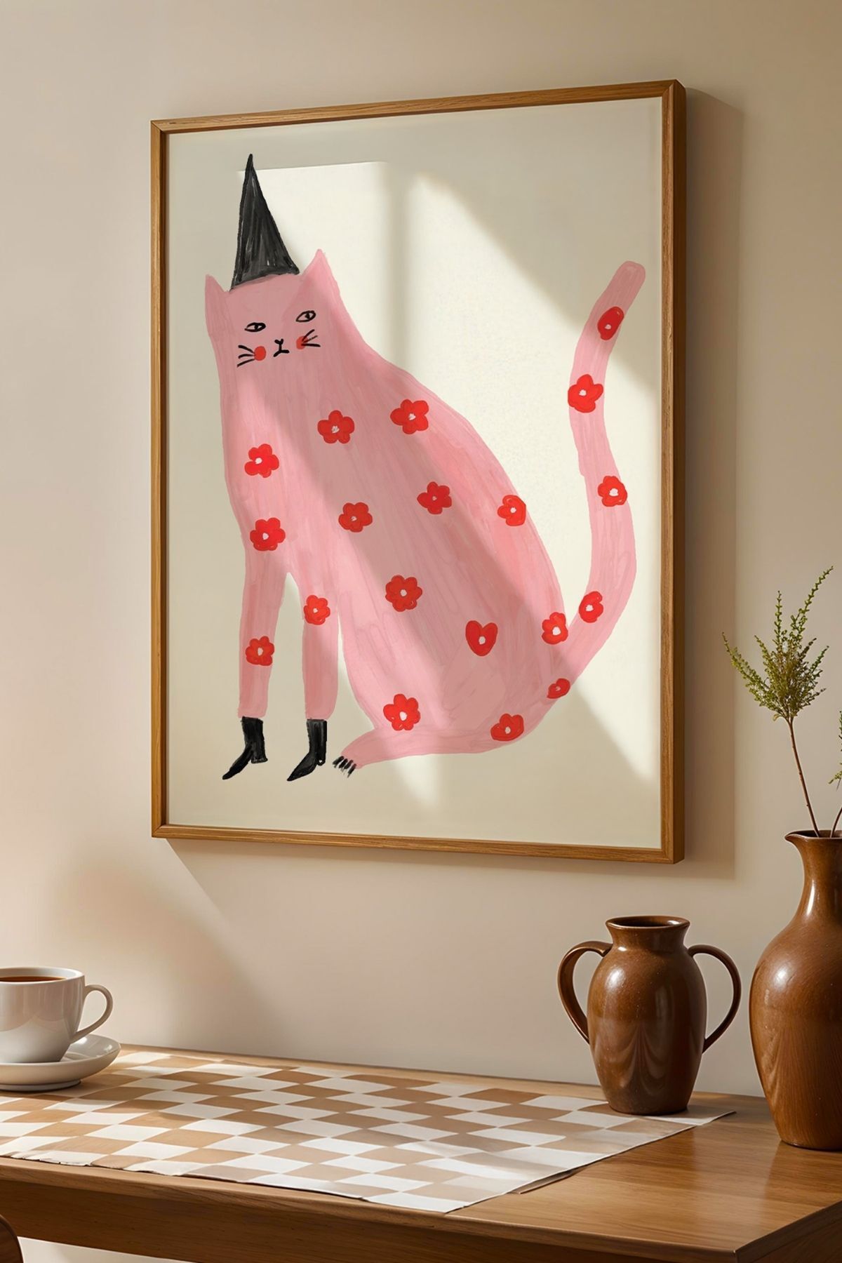 Pembe Kedi Tablo Minimal İllüstrasyon Poster Ev Duvar Dekoru Çerçevesiz