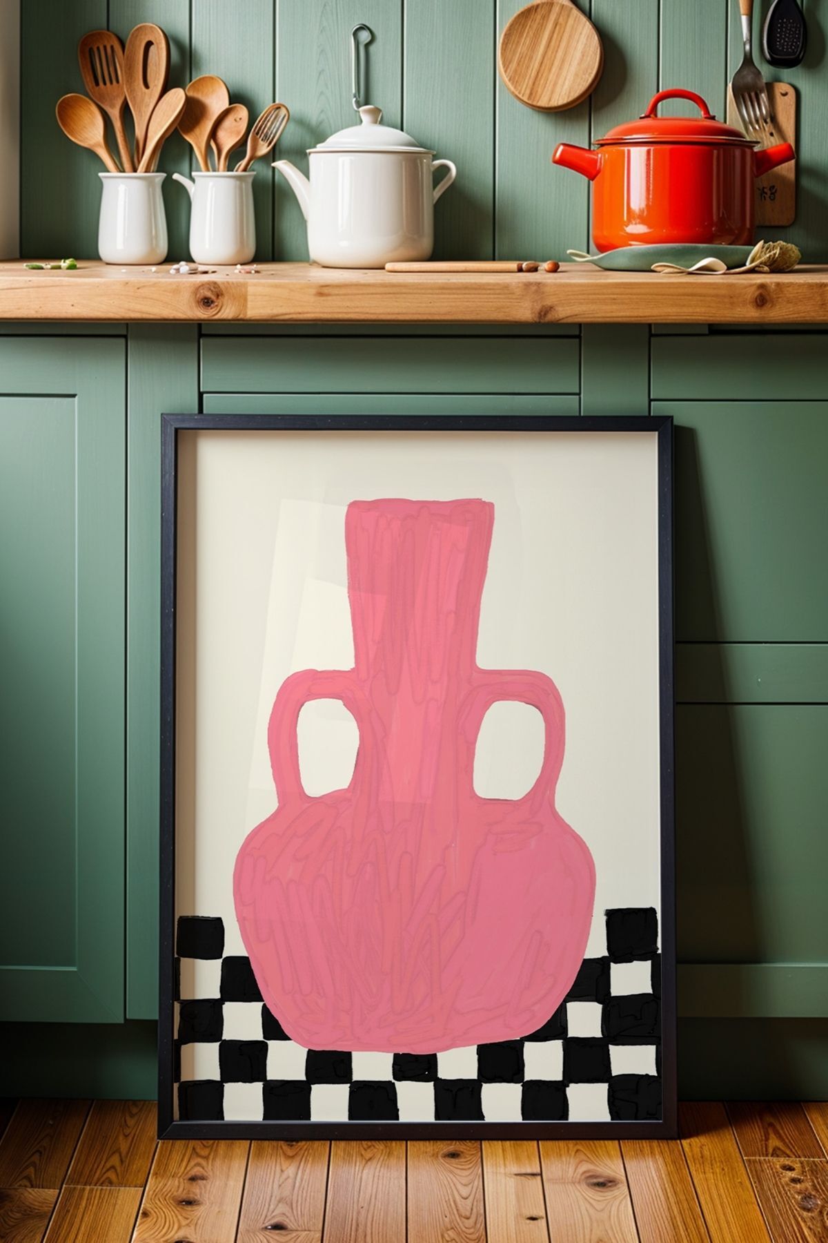Pembe Vazo Tablo Modern Minimal İllüstrasyon Poster Ev Duvar Dekoru Çerçevesiz